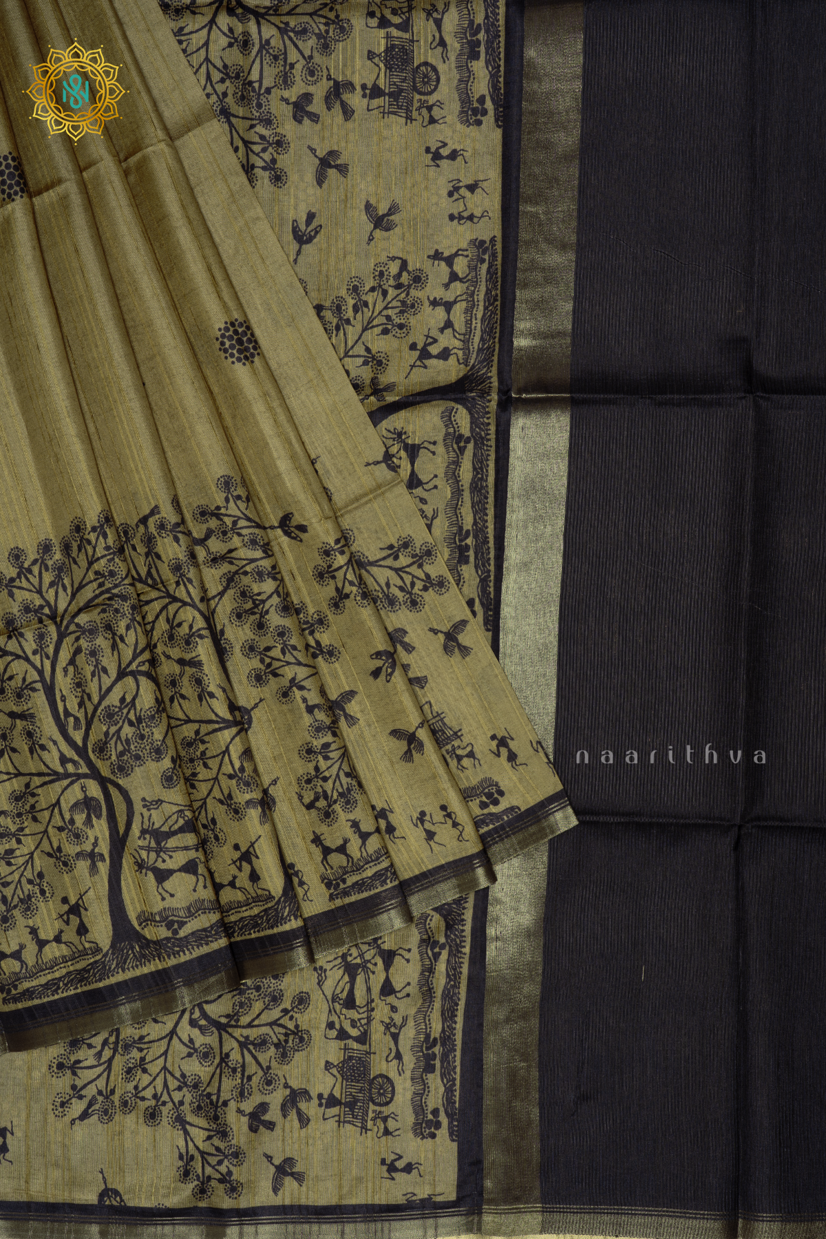 OLIVE GREEN - SEMI TUSSAR SILK SAREE PRINTED BODY, CONTRAST BORDER