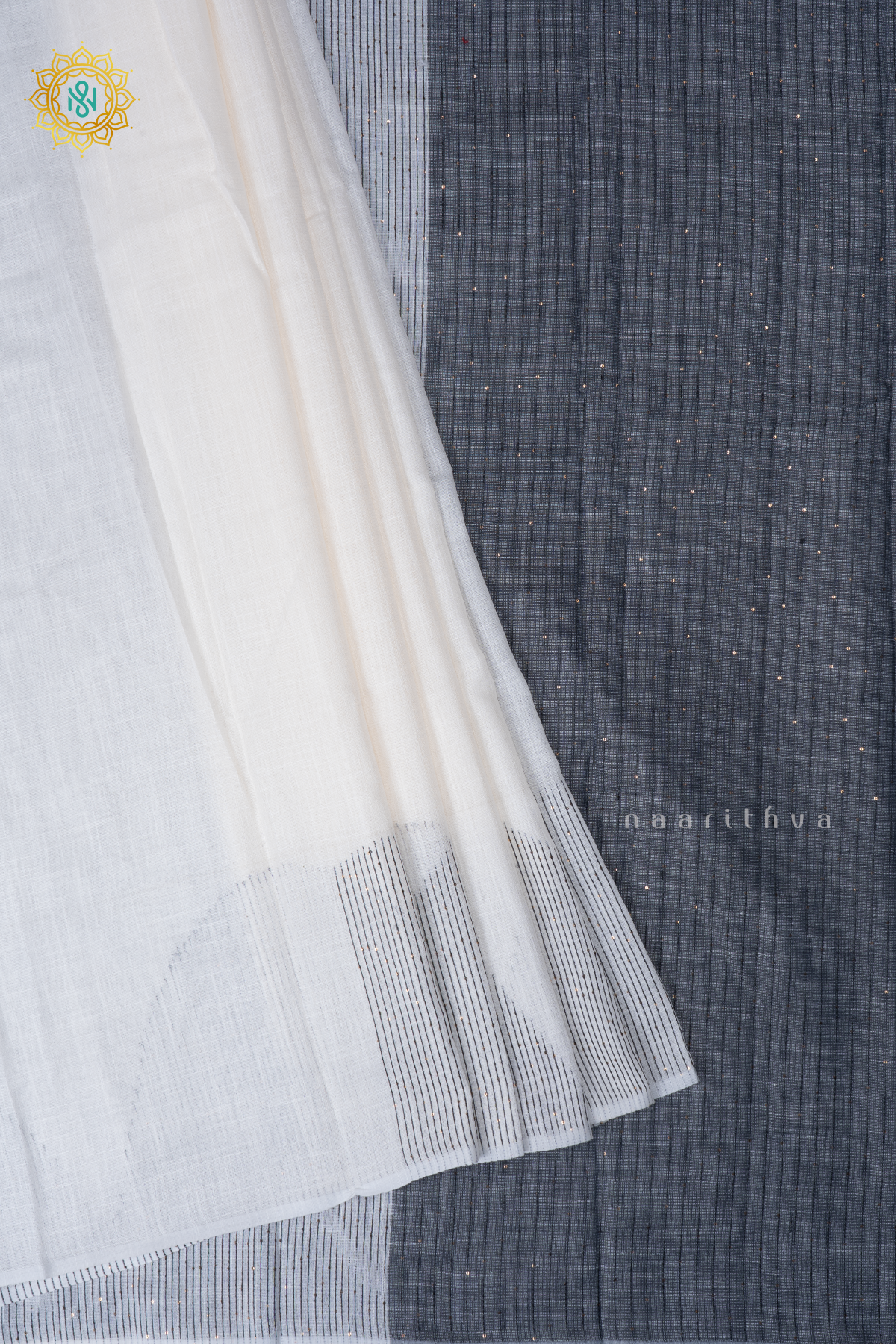 White With Elephant Grey Linen By Cotton Saree With Contrast Pallu & Blouse