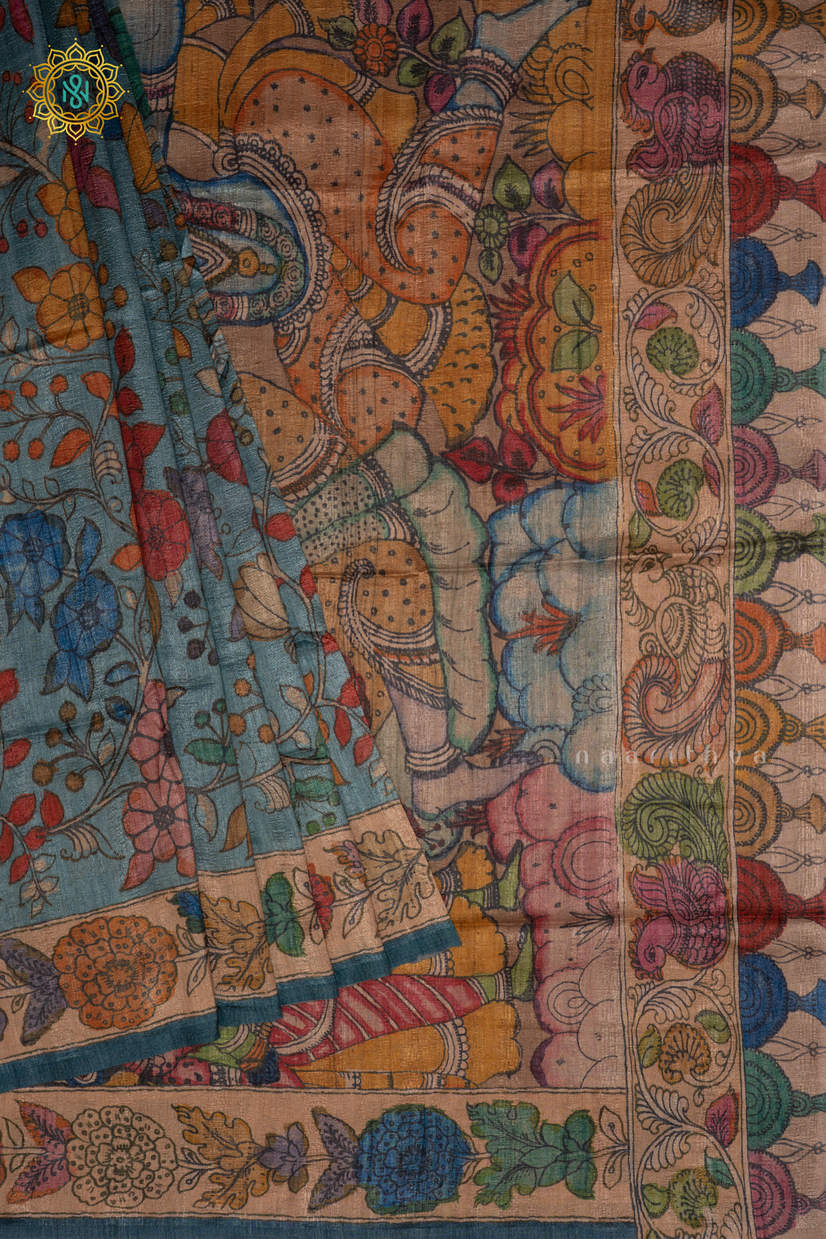 Blue With Beige Semi Gicha Tussar Saree With Kalamkari Printed Body, Pallu And Blouse