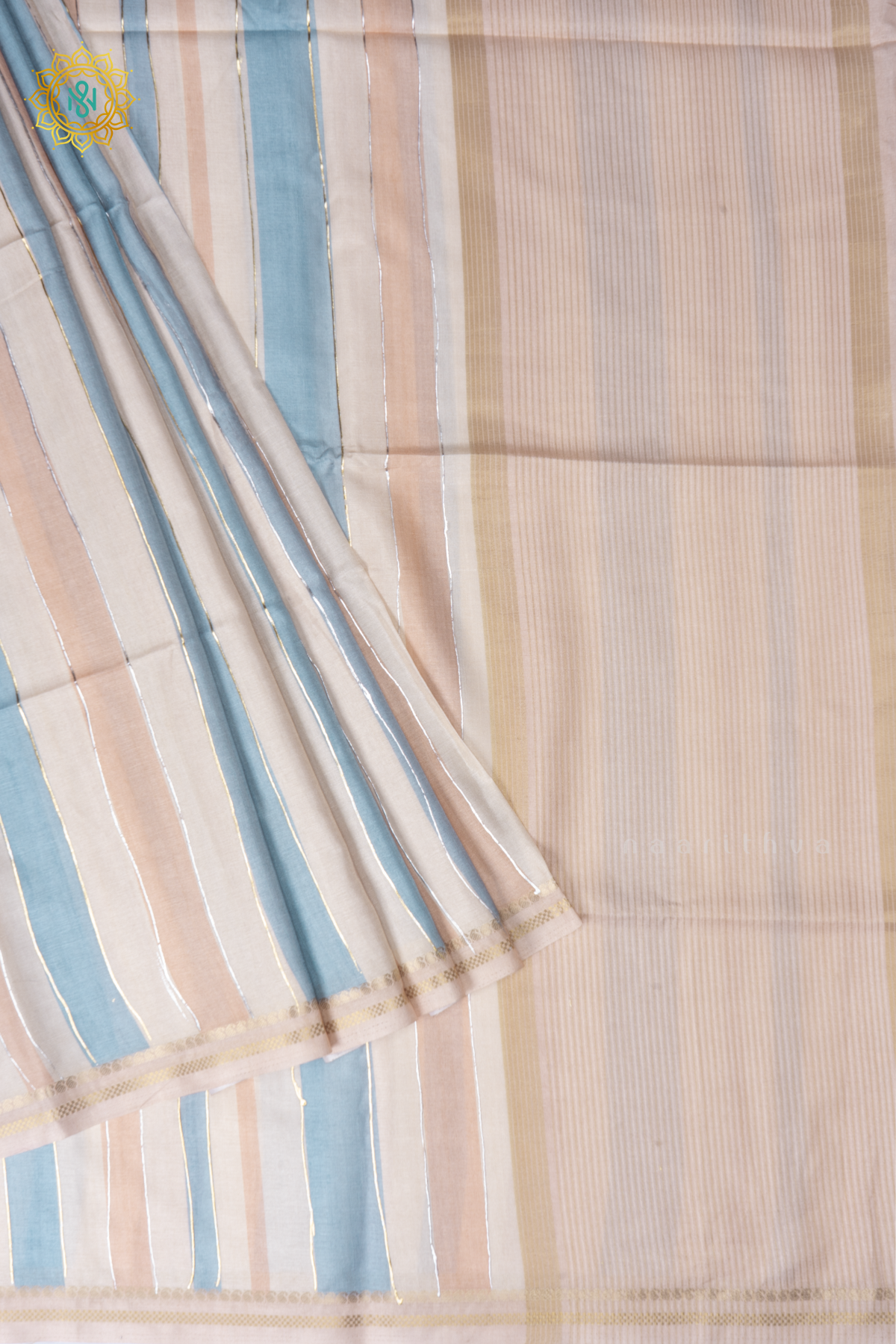 Beige With Blue Semi Tussar Silk Saree With Vertical Stripes & Contrast Pallu