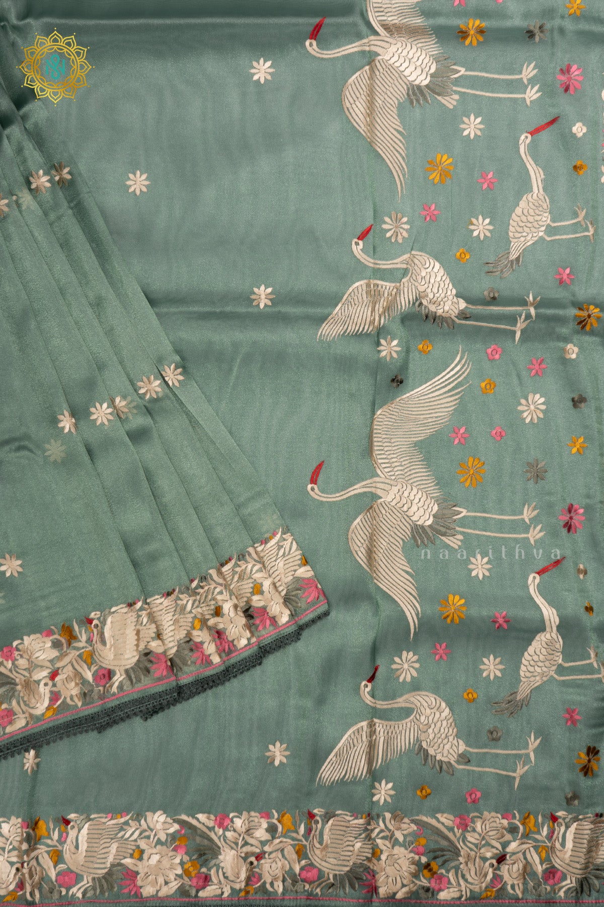 Green Tissue Organza Saree All Over Hand Embroidery Buttas with Hand Embroidery Border