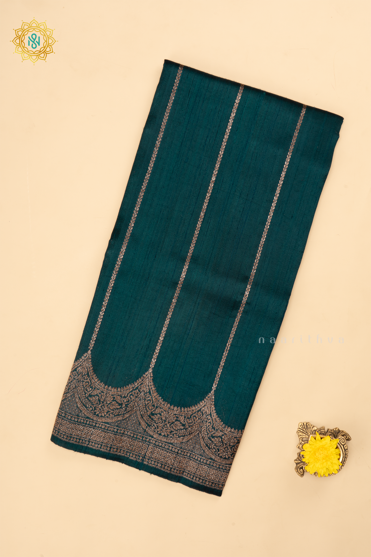 PEACOCK GREEN - PURE BANARASI RAW SILK SAREE WITH ALLOVER  ZARI STRIPES AND SCALLOP BORDER