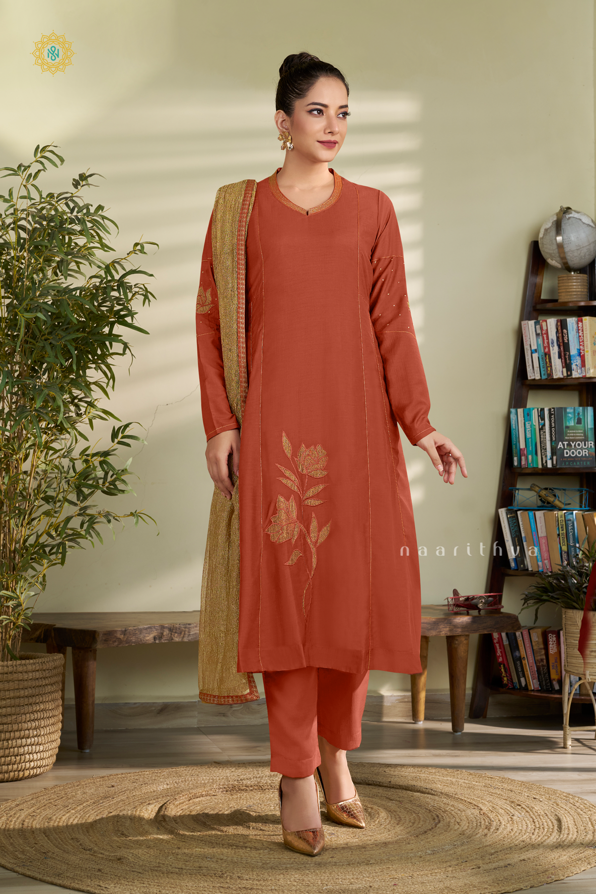 RUST ORANGE WITH GOLD - SILK 3PC SALWAR SUIT WITH TOP, BOTTOM & DUPATTA