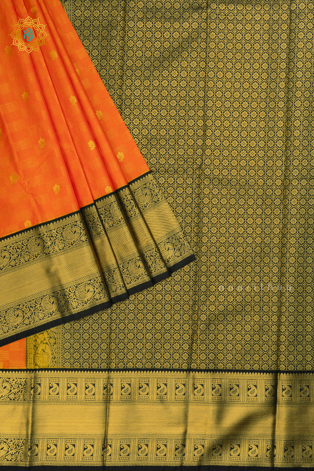 Orange with Dark Peacock Green Semi Kanchi Saree With Zari Buttas All Over And Contrast Zari Border