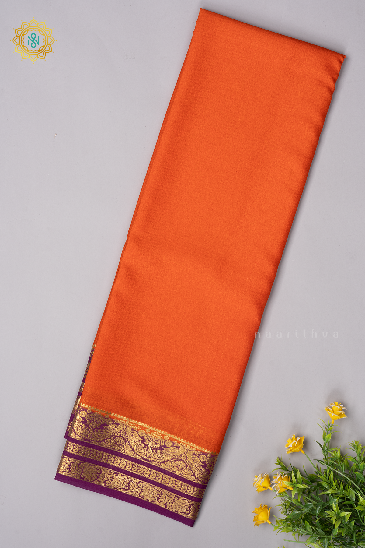 ORANGE WITH PURPLE - PURE MYSORE CREPE SILK