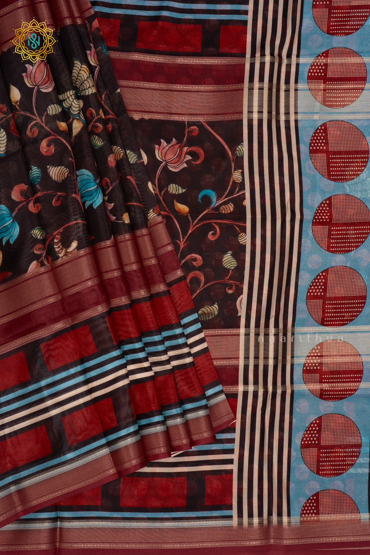 Black - Semi Crepe Silk Saree Allover Printed Body with Zari Stripes with Pallu and Blouse