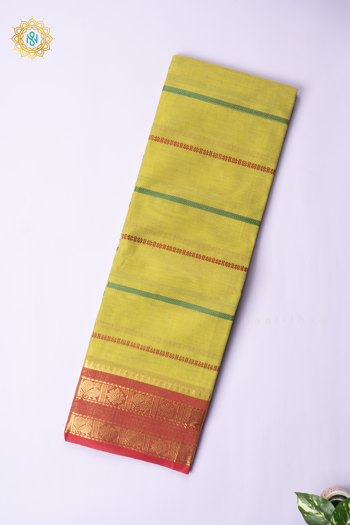 LIME GREEN WITH RED - CHETTINAD COTTON