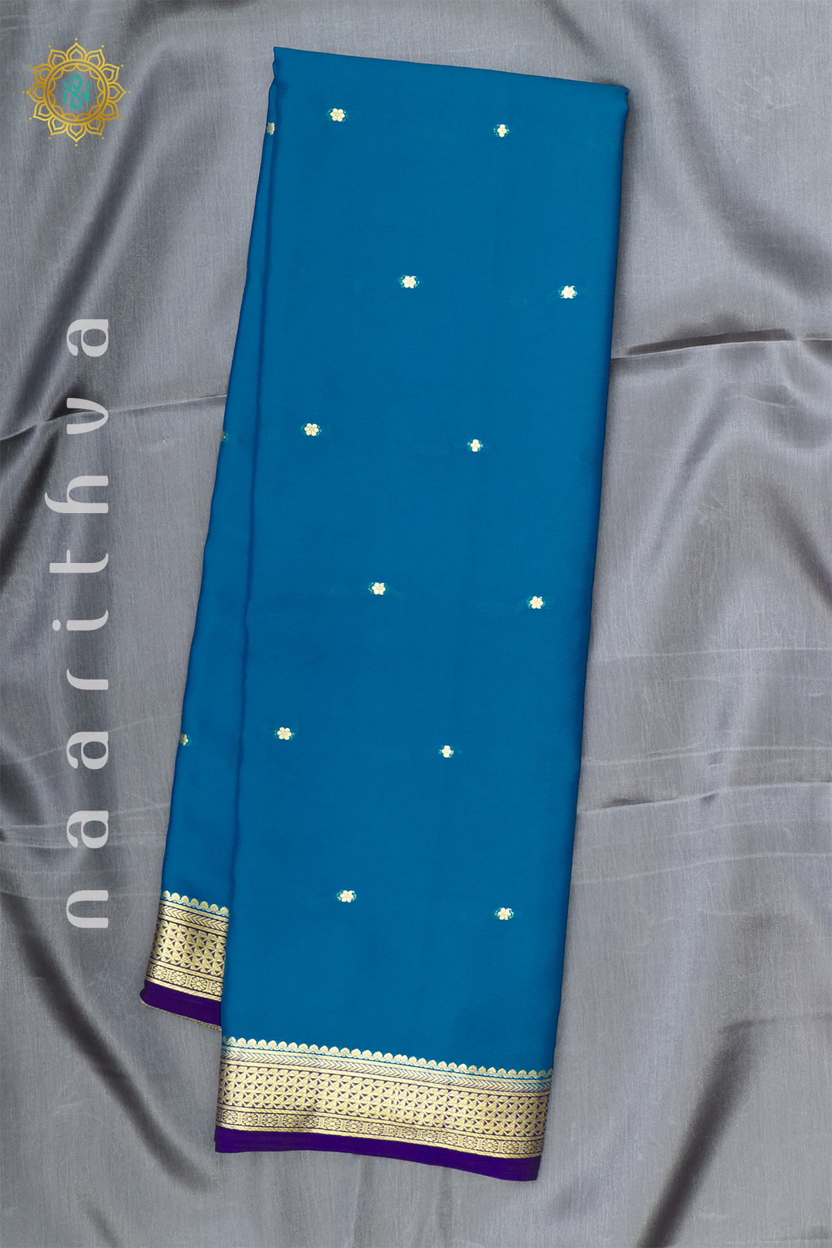 BLUE WITH NAVY BLUE - PURE MYSORE CREPE SILK