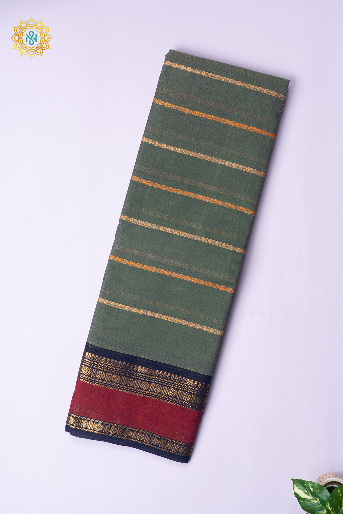 SAGE GREEN WITH NAVY BLUE - CHETTINAD COTTON