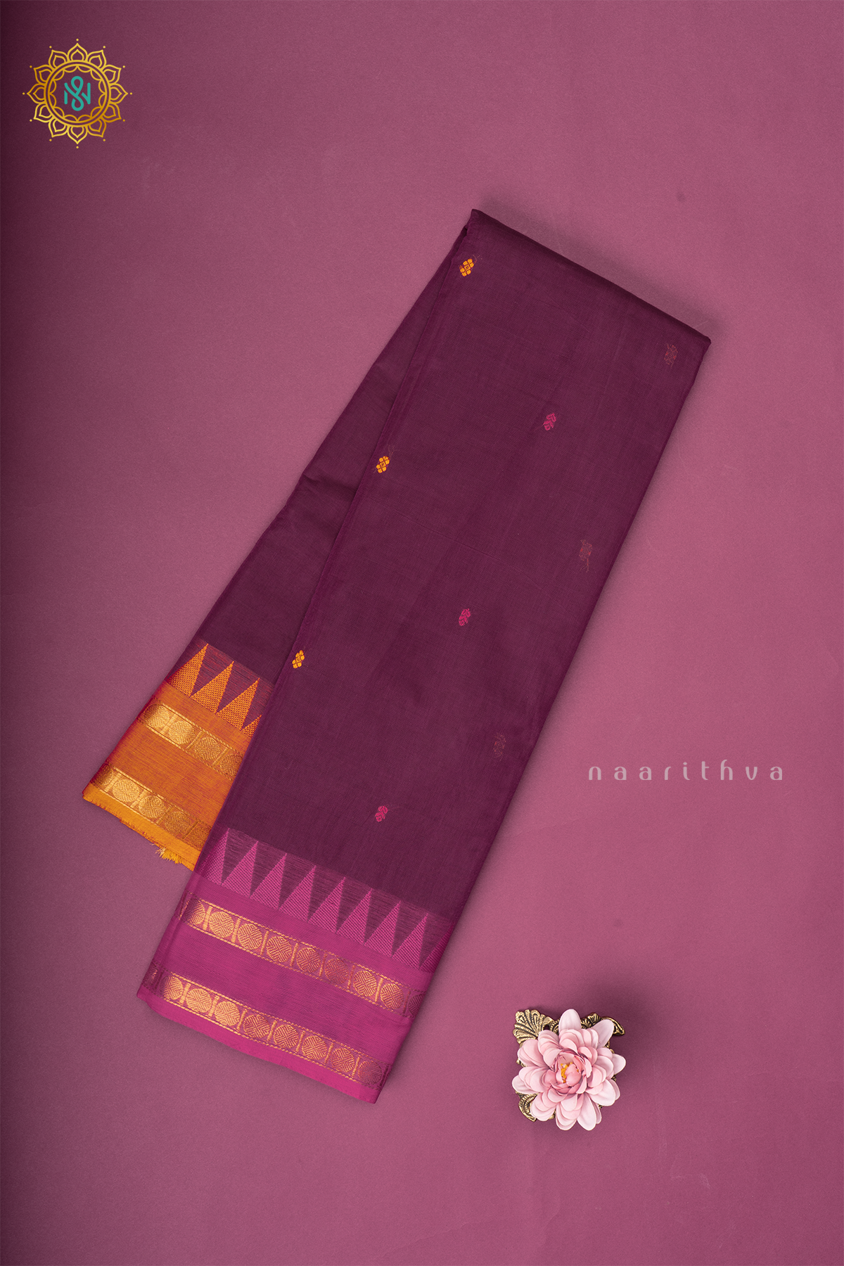 Wine With Pink & Mustard Chettinad Cotton Saree With Thread Woven Buttas & Ganga Jamuna Contrast Border