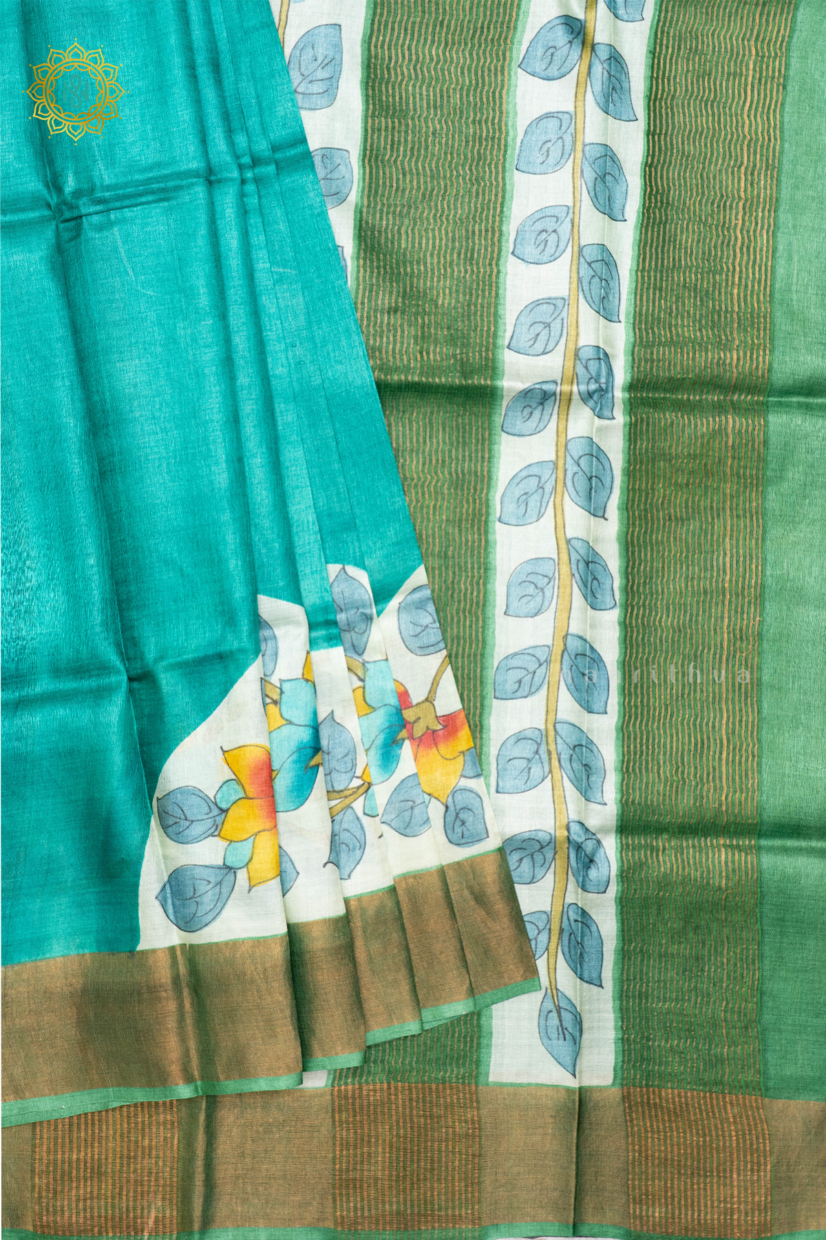 AQUA GREEN WITH LIGHT GREEN - PURE TUSSAR SILK WITH HAND PAINTED