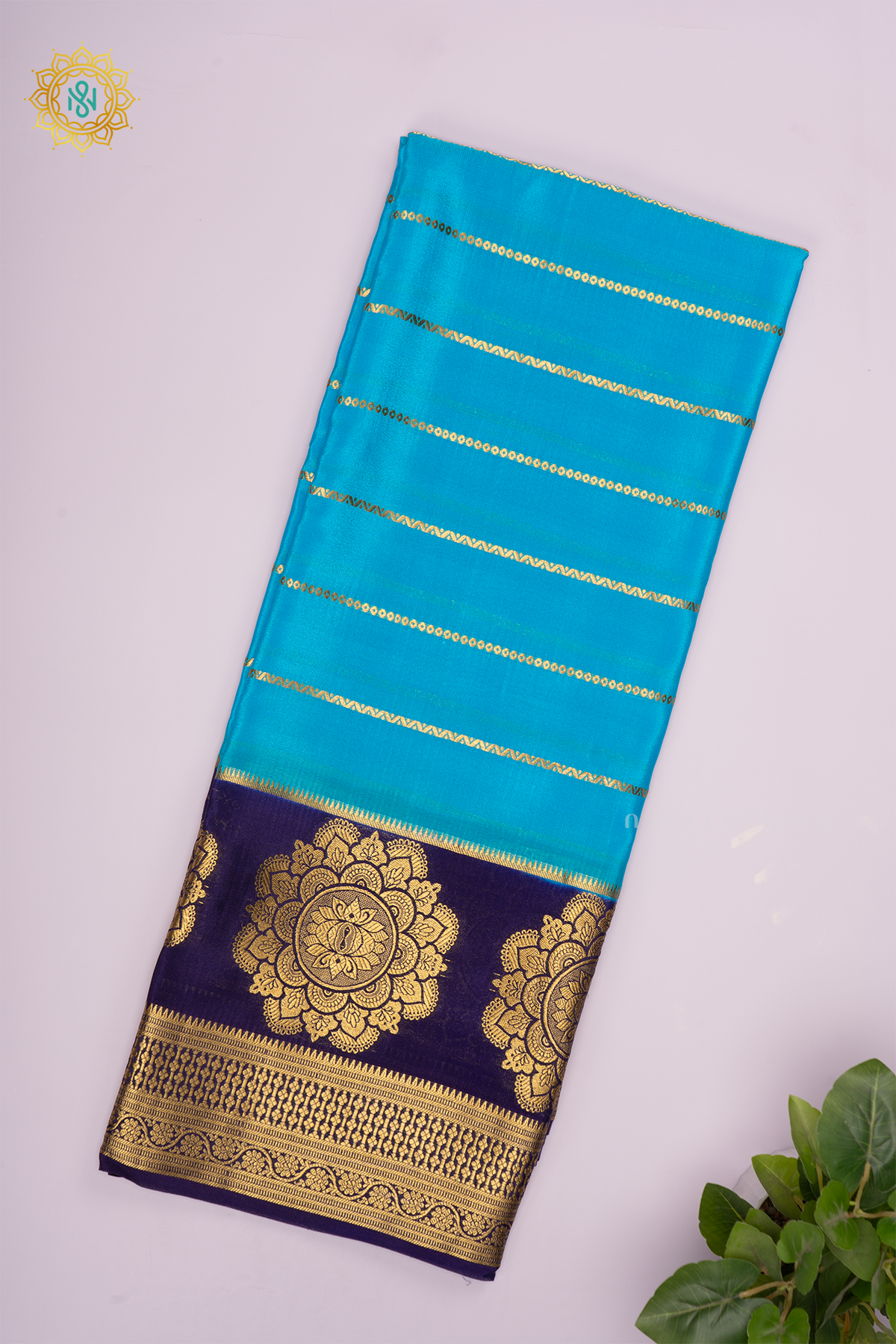 SKY BLUE WITH NAVY BLUE - PURE MYSORE CREPE SILK