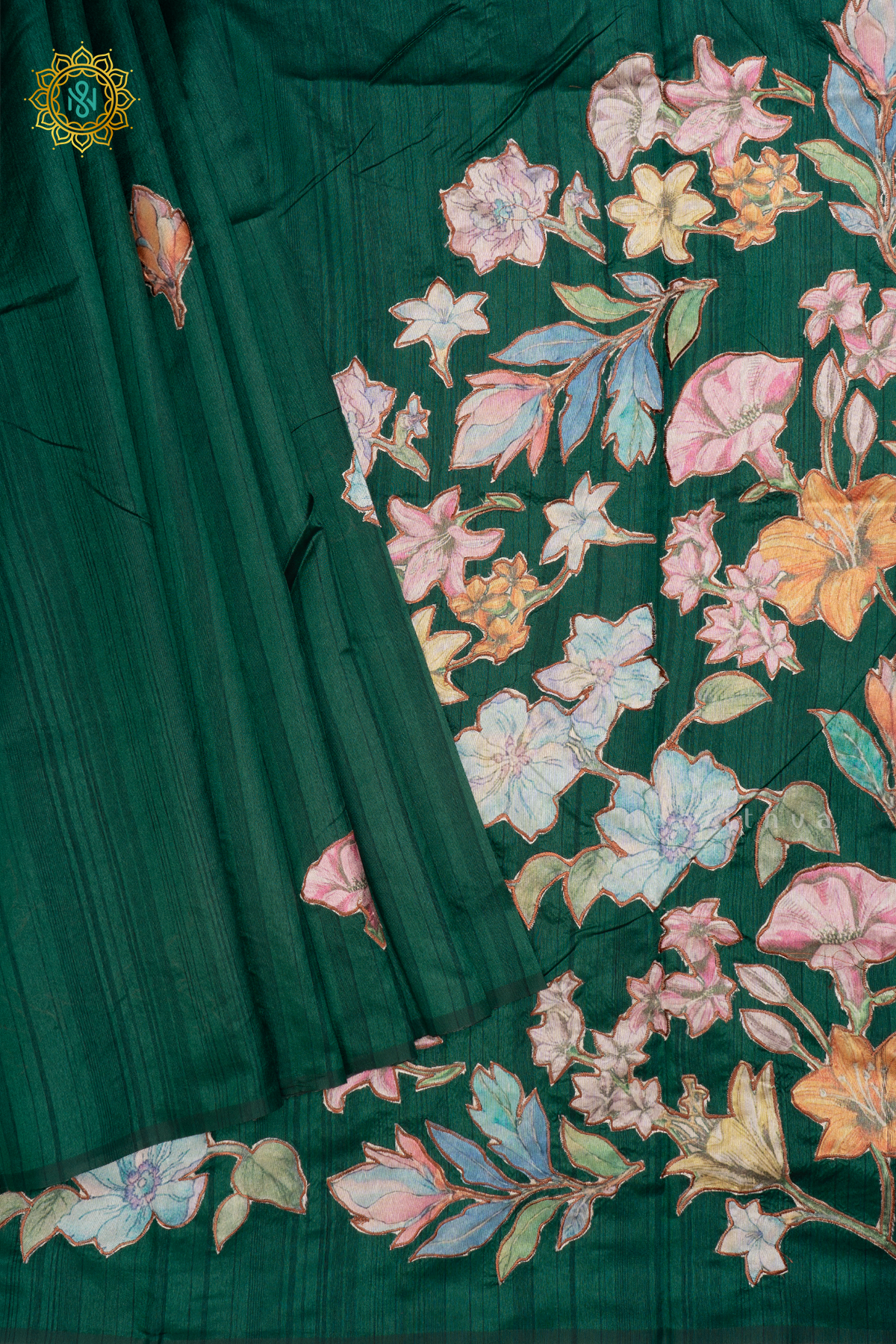 BOTTLE GREEN - SEMI TUSSAR SILK SAREE WITH APPLIQUE WORK AND DUAL BLOUSE