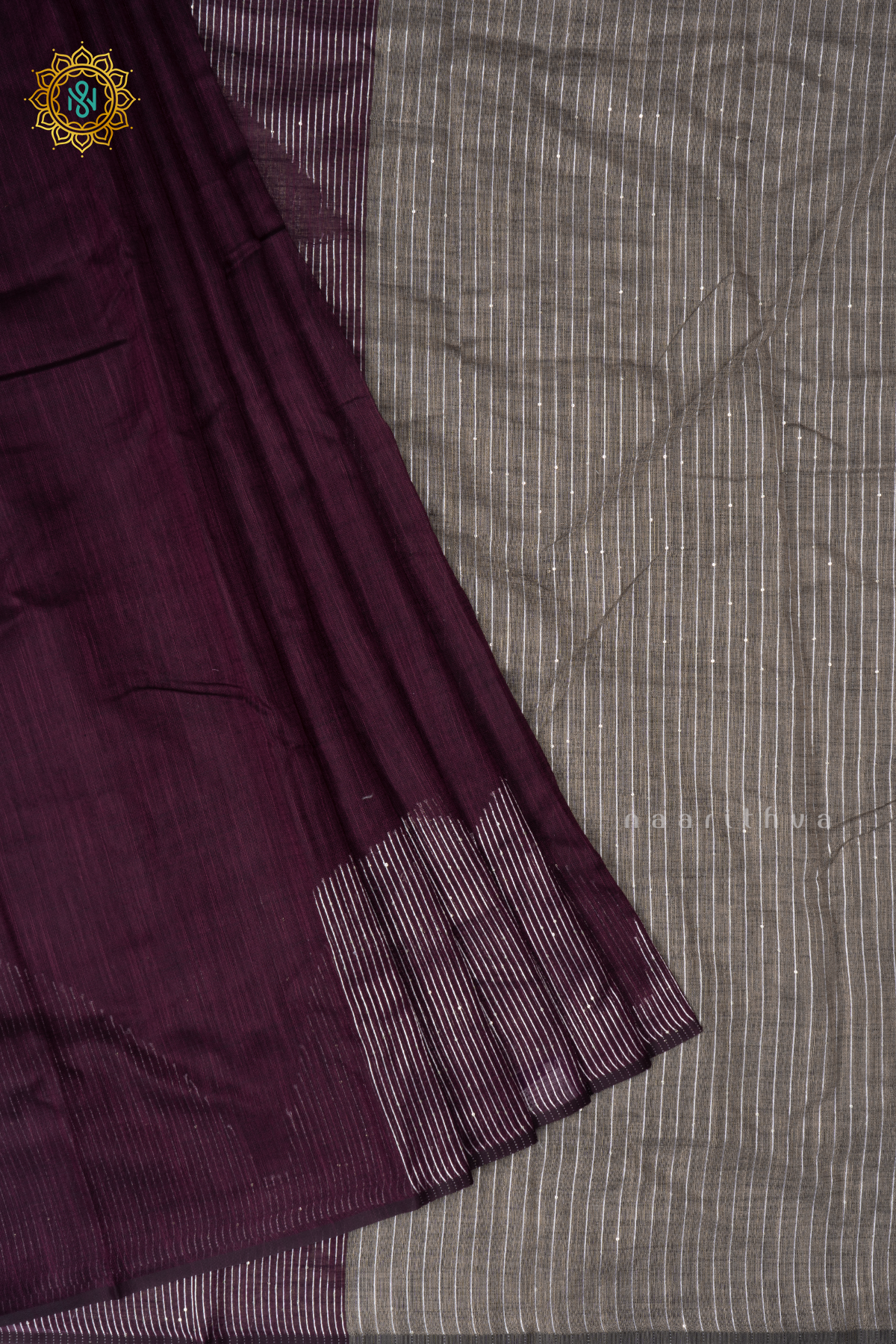 Deep Wine With Grey Linen By Cotton Saree With Contrast Pallu & Blouse