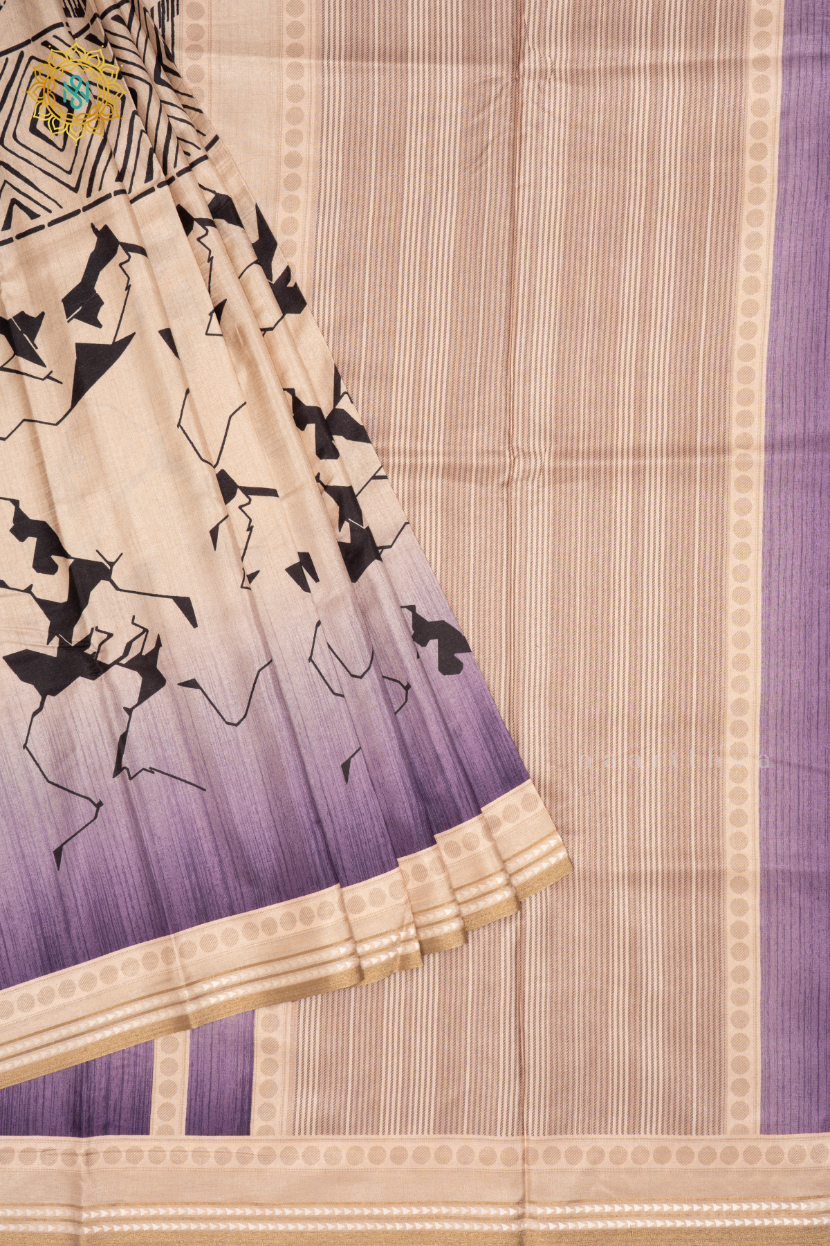 BEIGE WITH LIGHT PURPLE - SEMI CREPE SILK SAREE DIGITAL PRINTS AND ZARI WOVEN BORDER