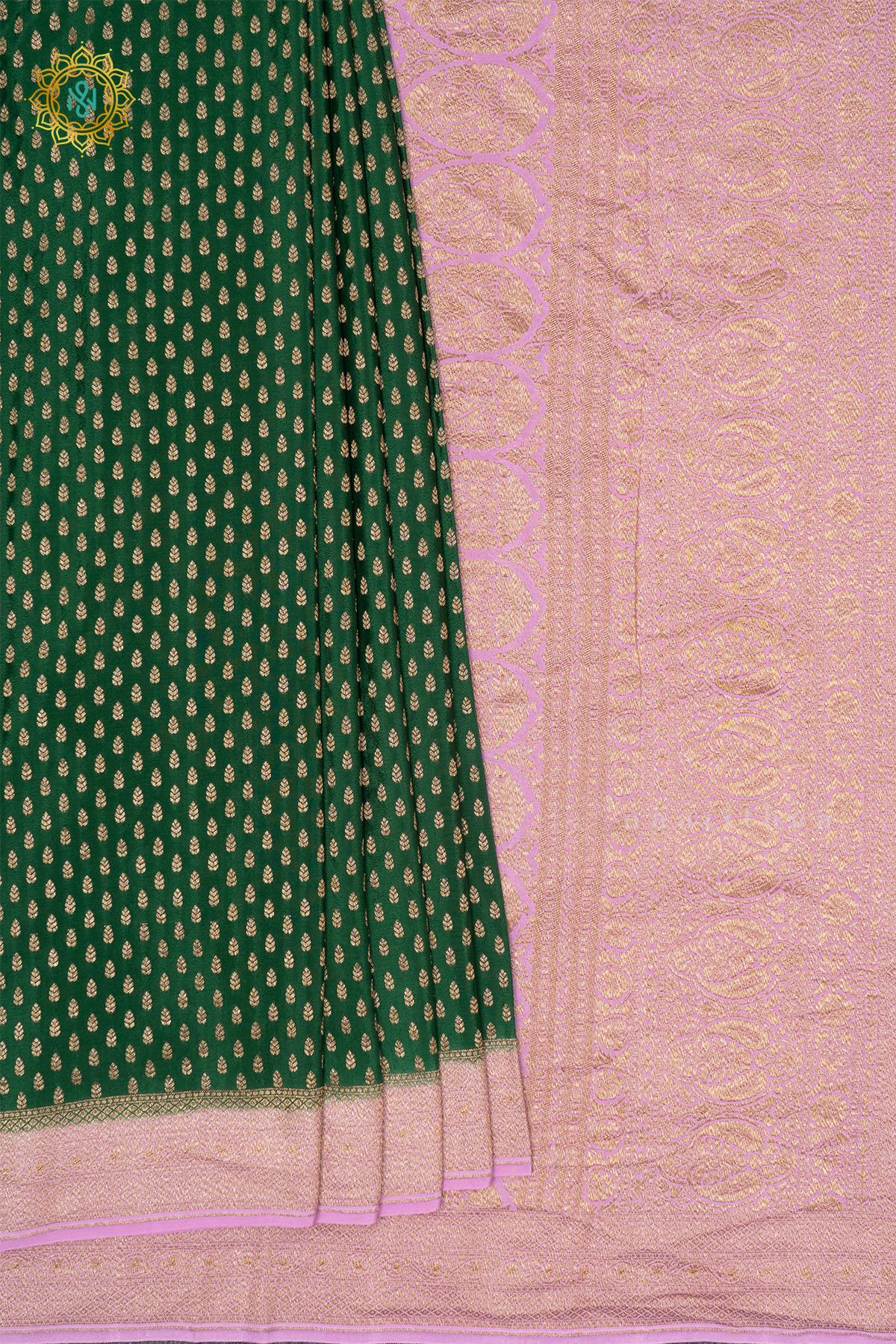 GREEN WITH LAVENDER - PURE BANRASI CREPE SILK