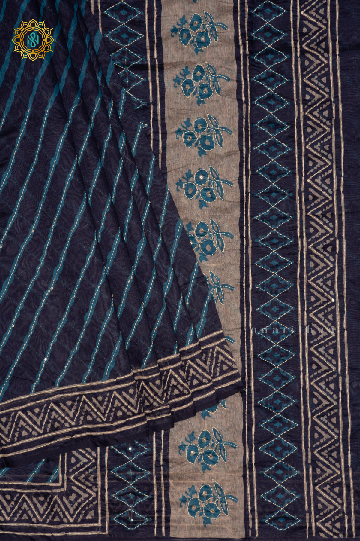 Indigo Chanderi Cotton Saree With Printed Body And Katha Work All Over