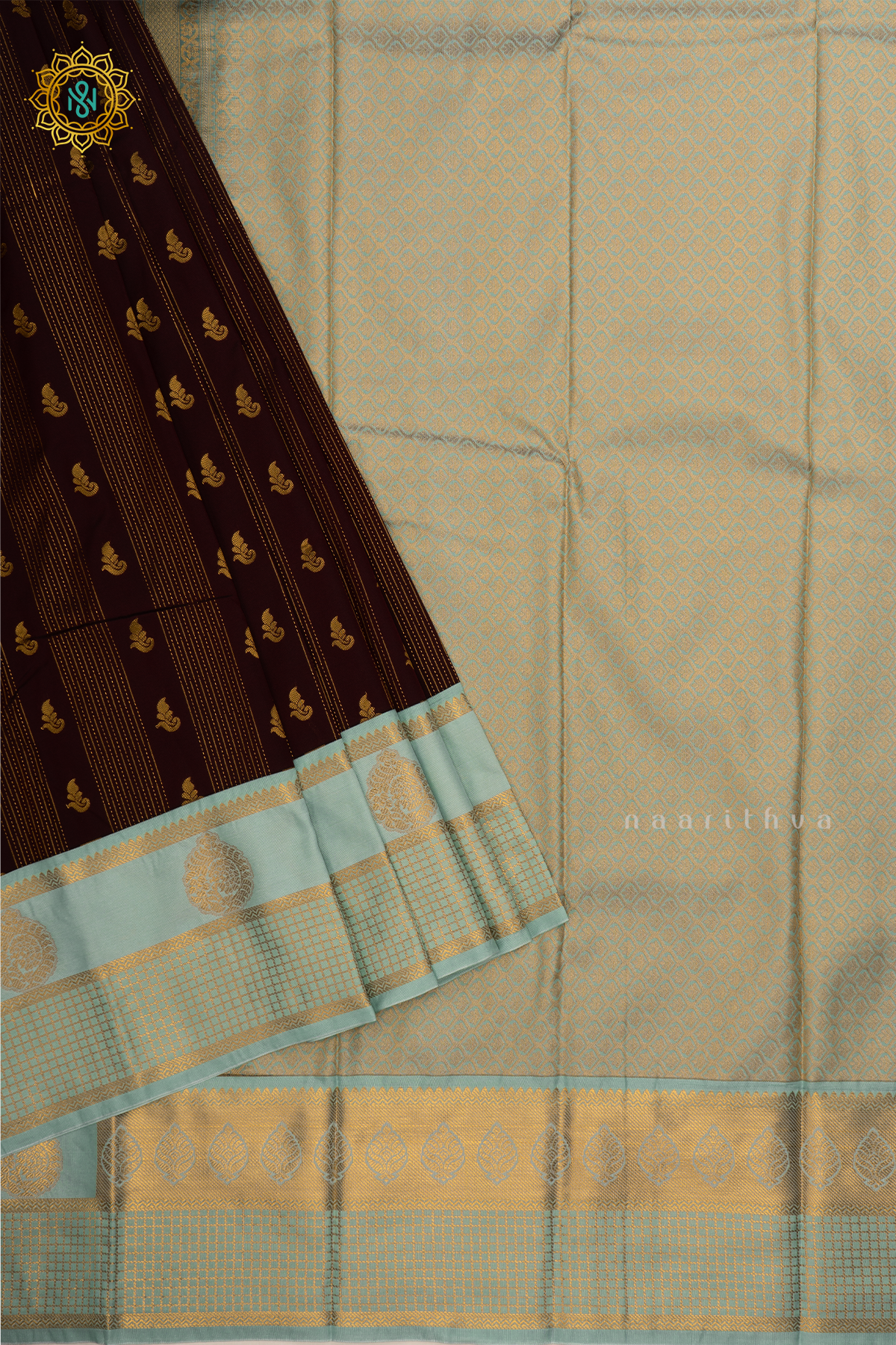 Brown With Light Blue Semi Kanchi Saree With Zari Buttas All Over And Contrast Zari Border