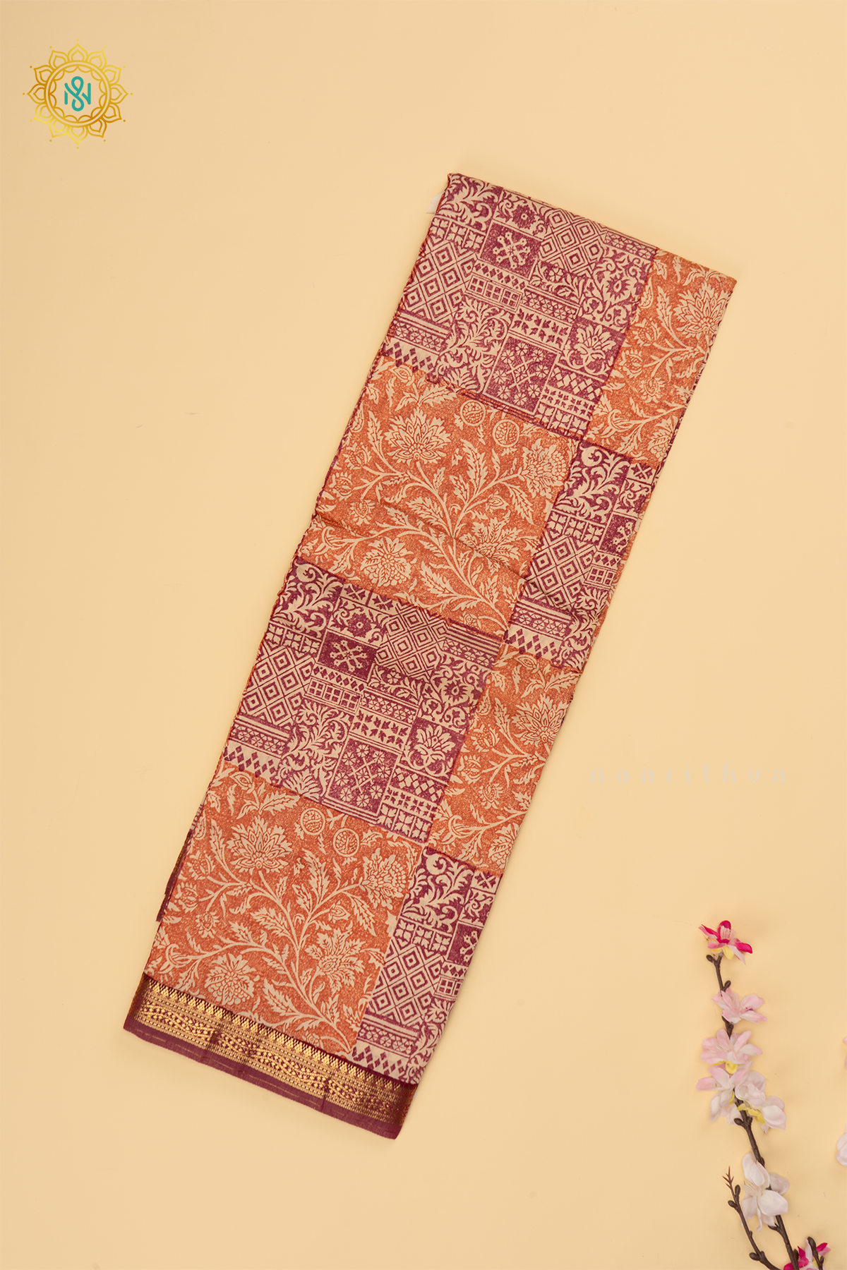 Marron with Light Brown Butter Crepe Saree with All-Over Printed Body and Zari Border