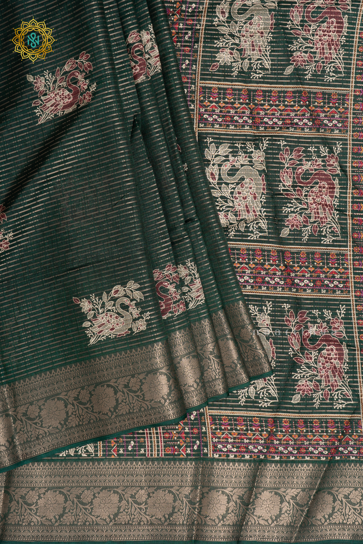 Bottle Green Dola Silk Saree With Allover Printed Buttas And Zari Stripes With Zari Border