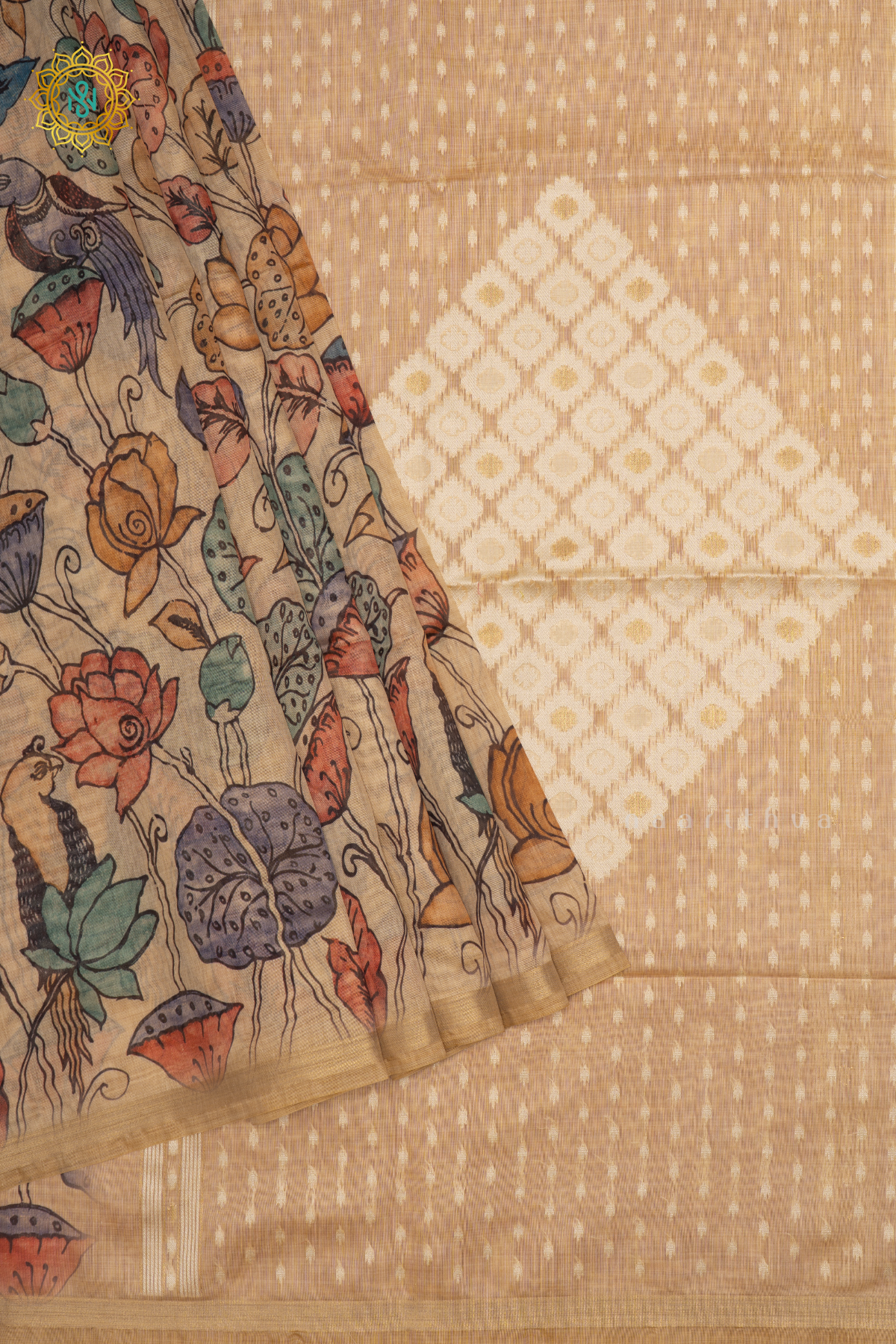 Beige With Peach Linen By Cotton Saree With Kalamkari Prints On The Body