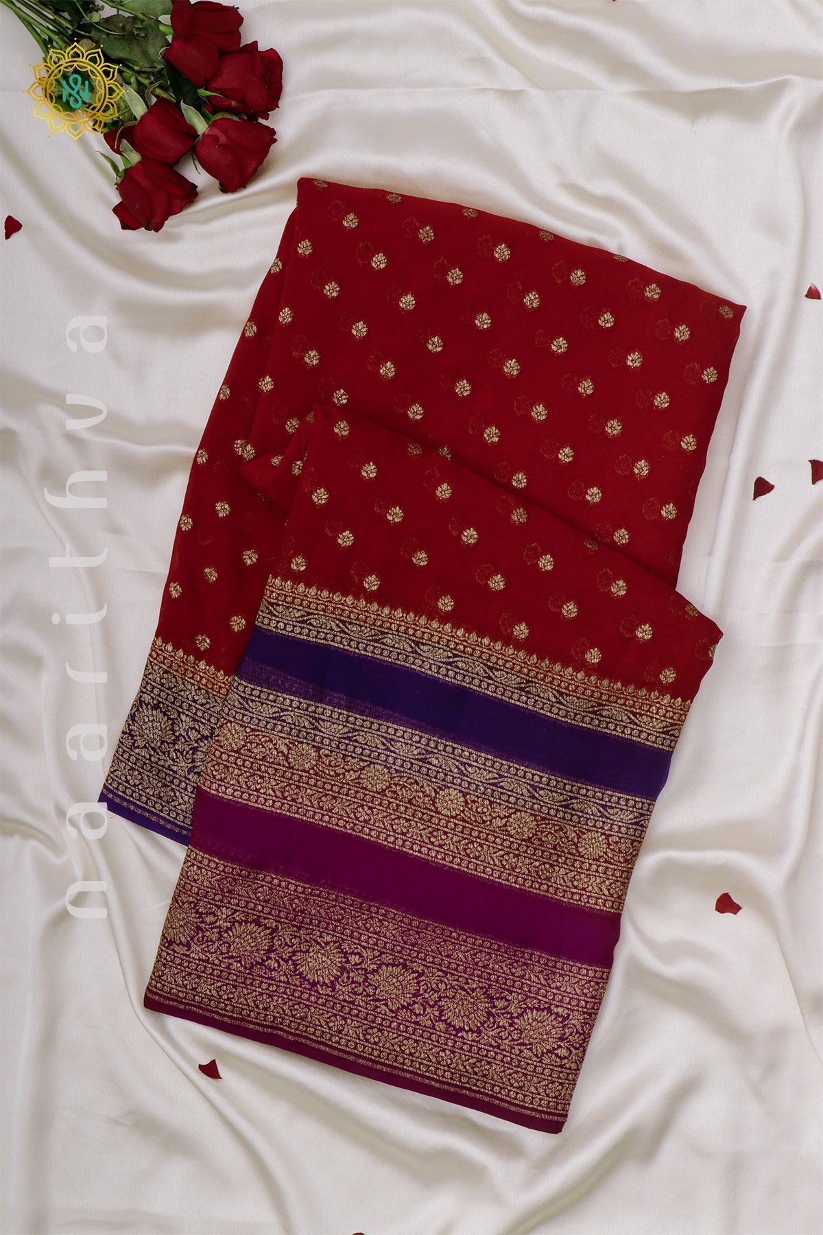 RED WITH BLUE, MAGENTA & WINE - PURE HANDLOOM KHADDI GEORGETTE BANARAS