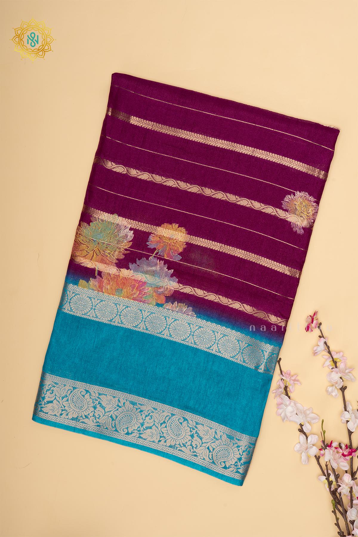 Wine With Sky Blue Dola Silk Saree Allover Printed Buttas And Zari Stripes With Contrast Zari Gap Border