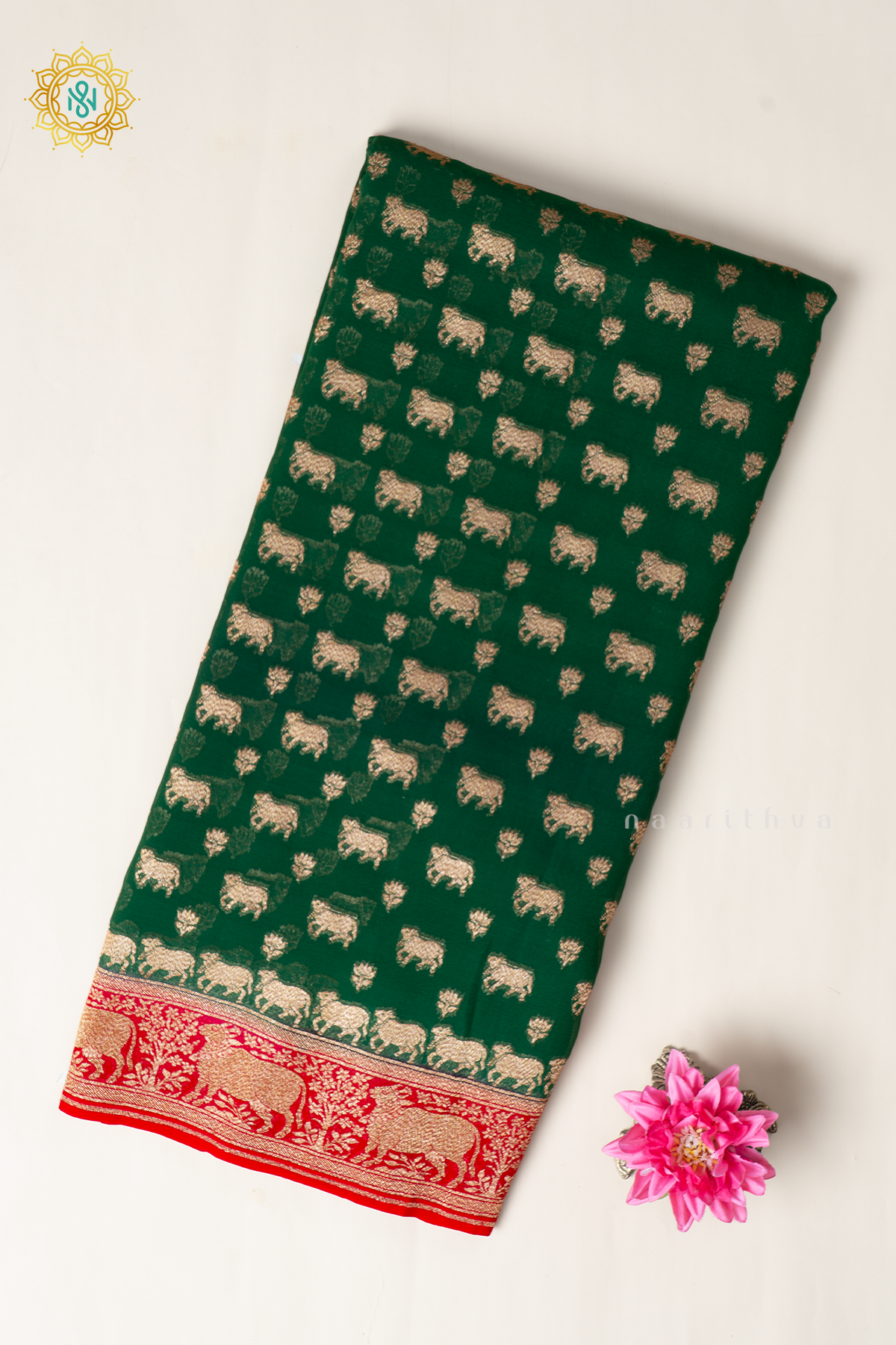Green With Red Pure Banarasi Khaddi Georgette Allover Antique Zari Buttas On The Body With Contrast Zari Border & Pallu