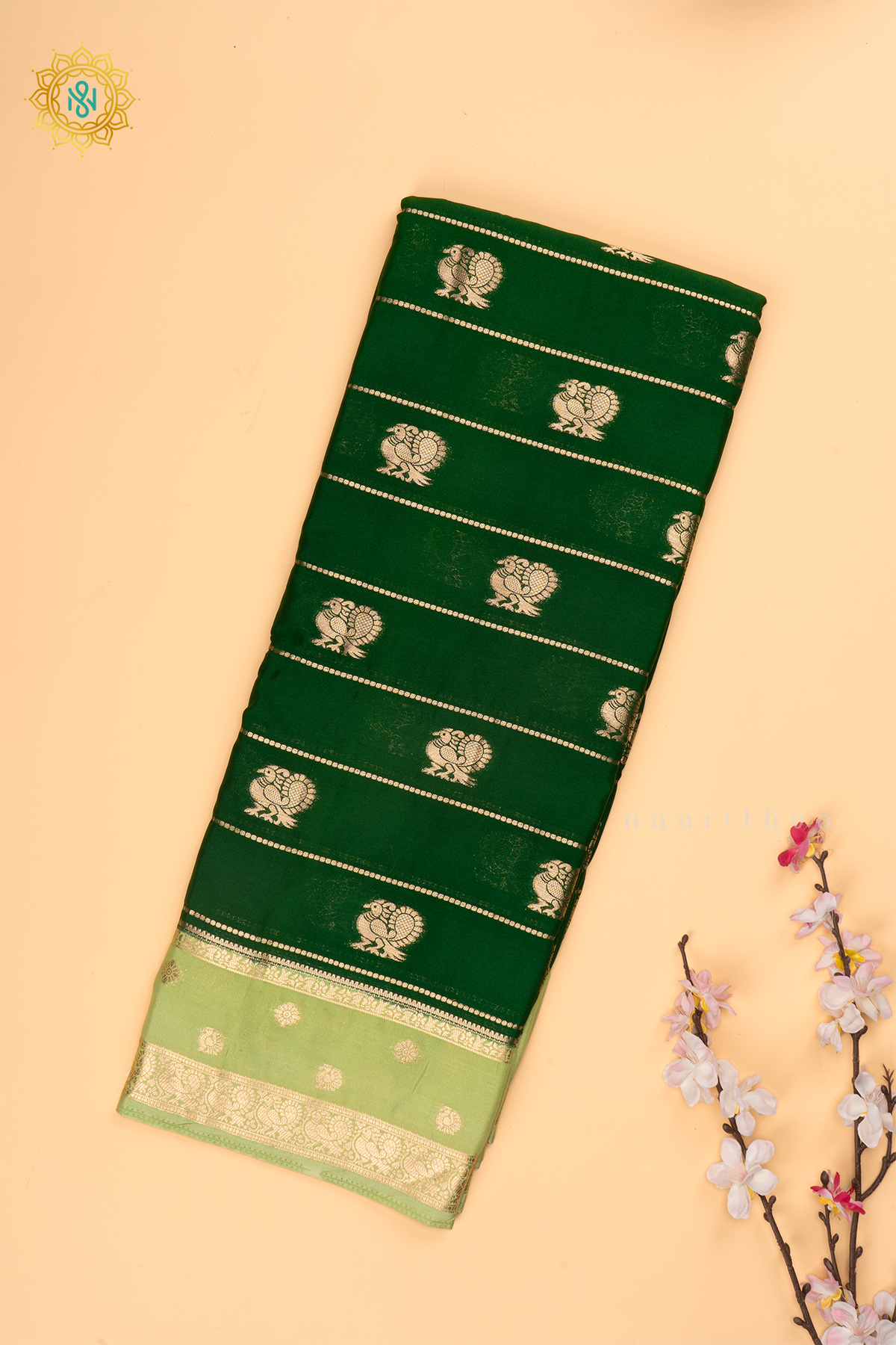 Bottle Green with Light Green Semi Mysore Crepe Silk Saree with All-Over Zari Stripes and Zari Buttas on the Body and a Contrast Zari Border