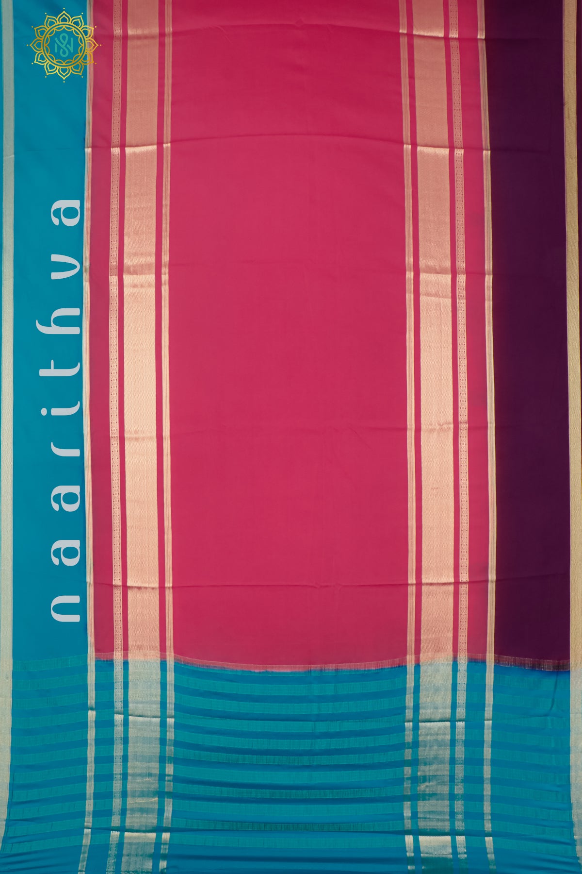 REDDISH PINK WITH DEEP WINE & SKY BLUE - SEMI MYSORE CREPE SILK