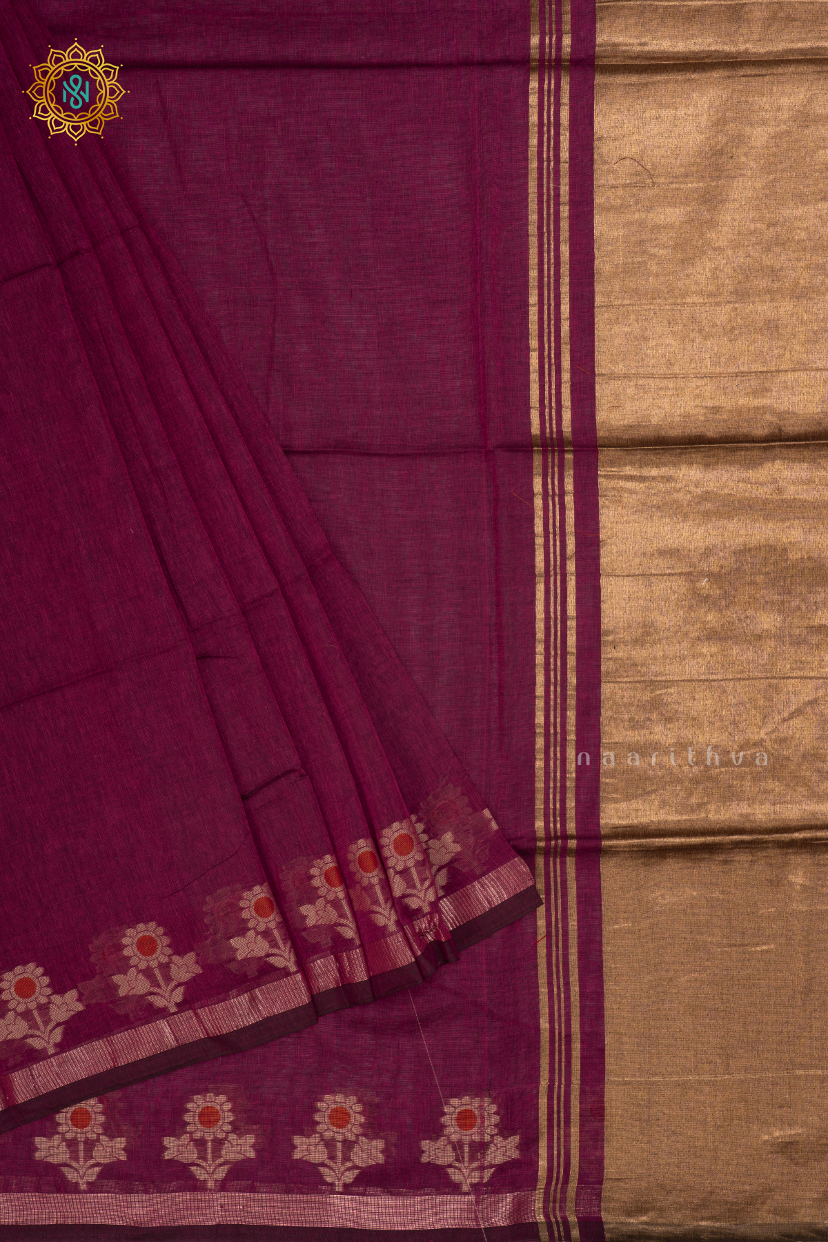 MAGENTA MUL COTTON SAREE with Thread Woven Buttas On The Body and Zari Border