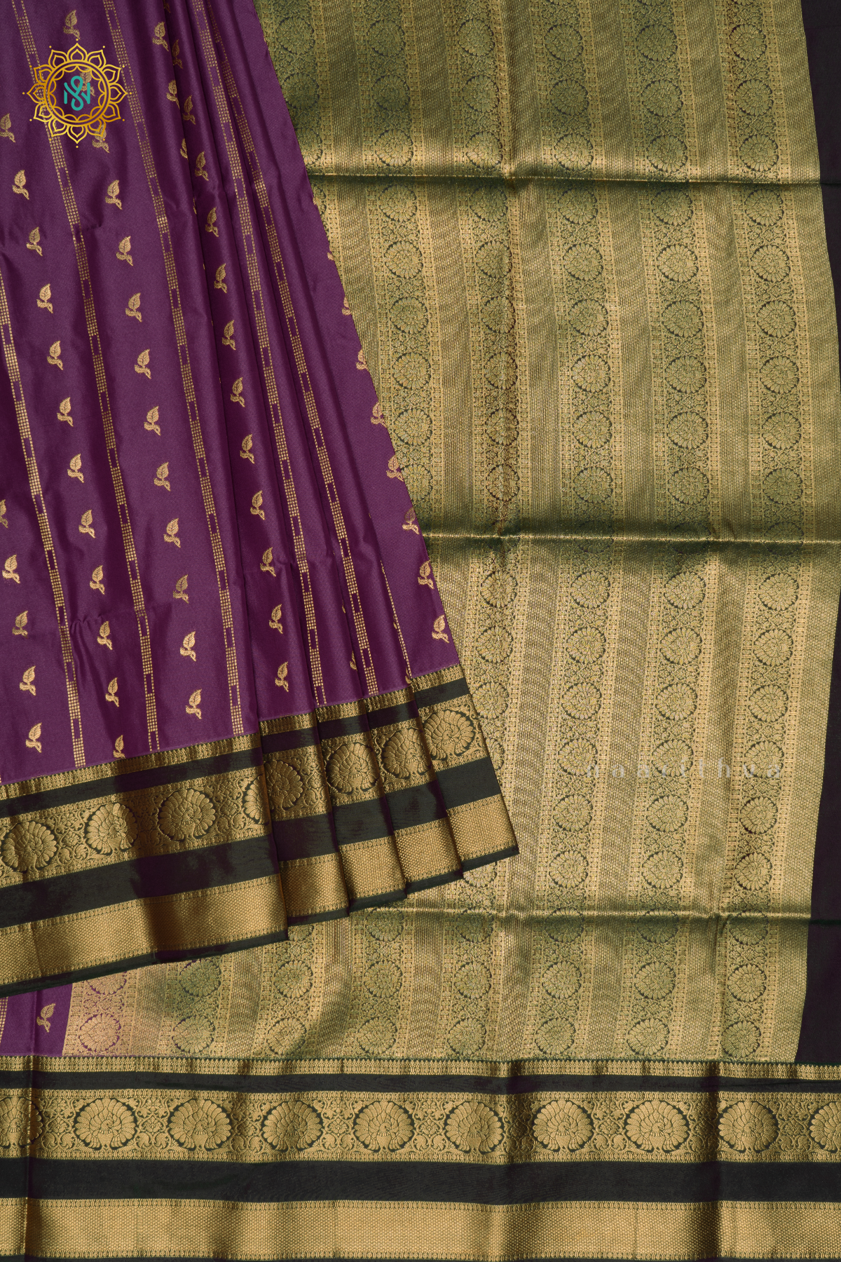 PURPLE WITH DUAL SHADE OF GREEN - SEMI KANCHI SAREE ALLOVER ZARI BUTTAS AND CONTRAST GAP BORDER