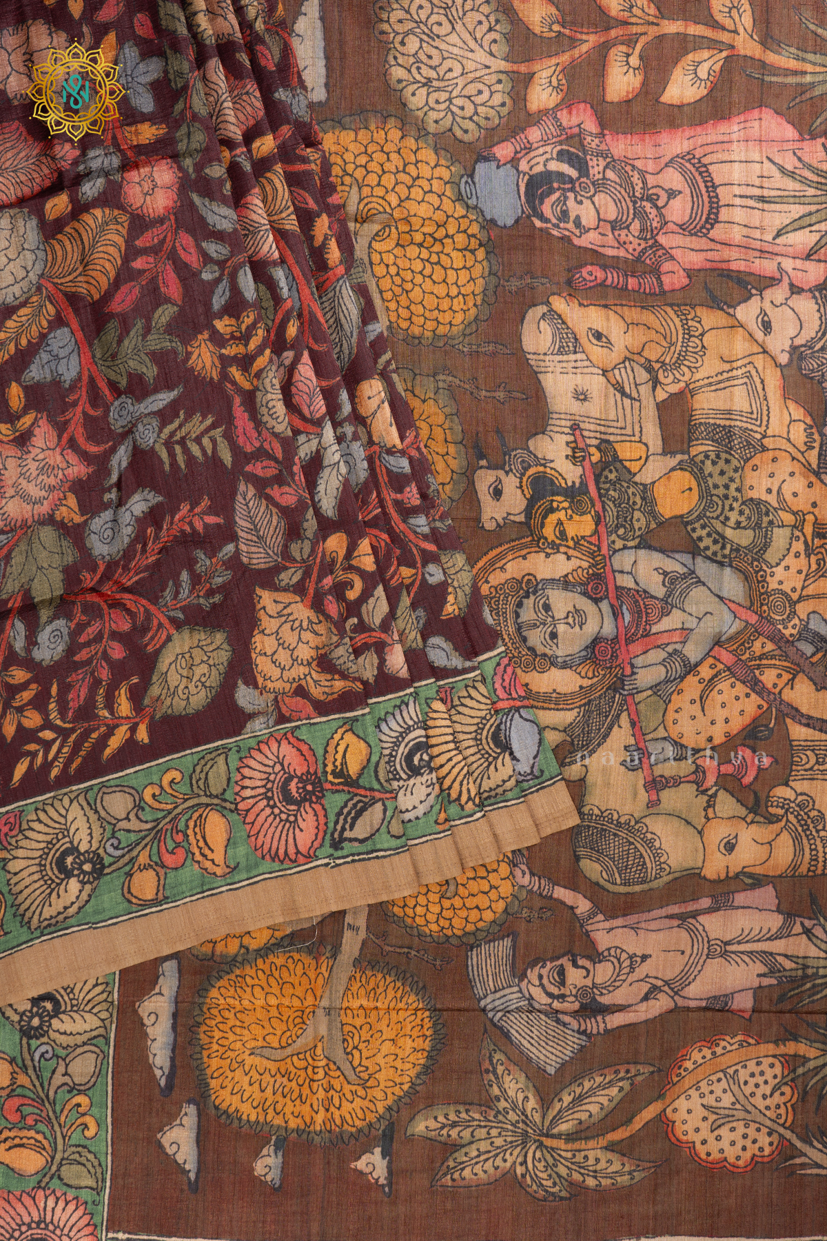 Brown - Semi Gicha Tussar Saree Allover Kalamkari Printed Body With Pallu And Blouse