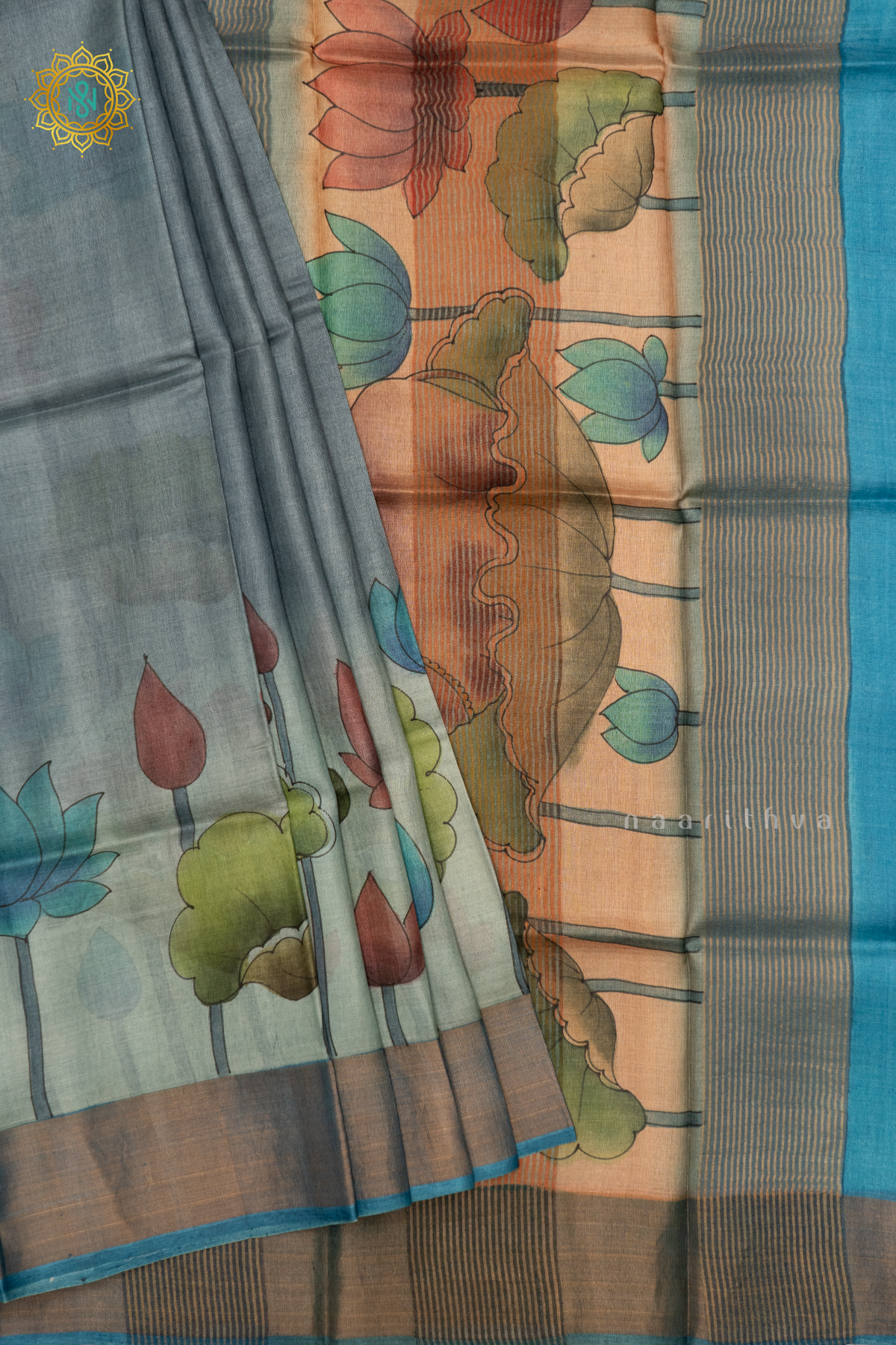 AQUA BLUE WITH SKY BLUE - PURE TUSSAR SILK