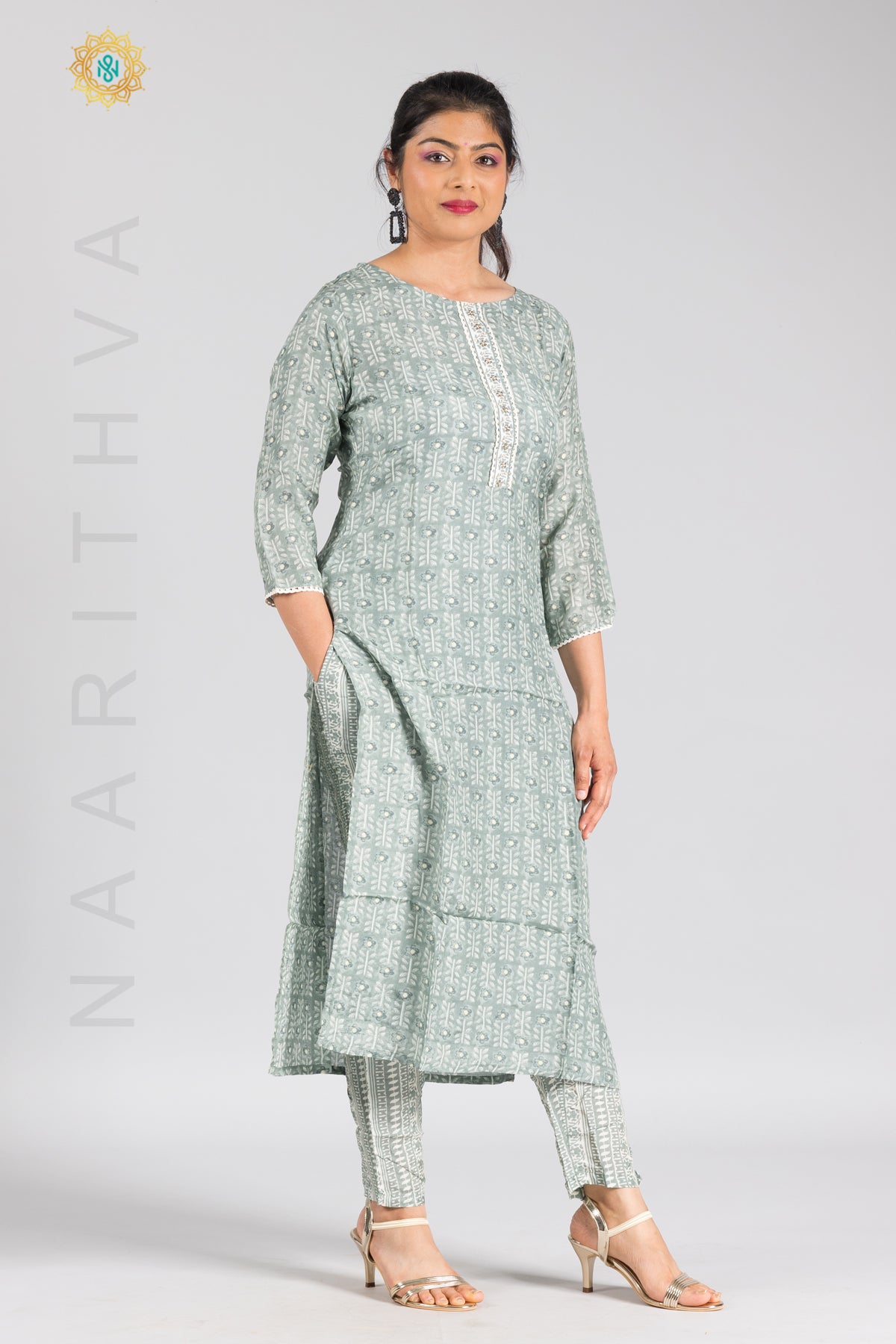 GREENISH GREY - PRINTED STRAIGHT CUT KURTI & BOTTOM SUIT
