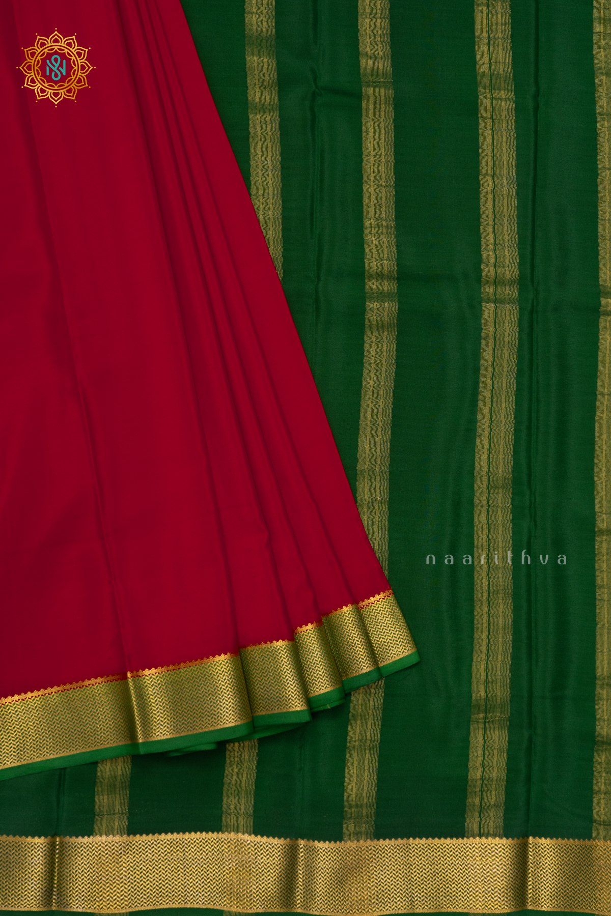 RED WITH GREEN - PURE MYSORE CREPE SILK