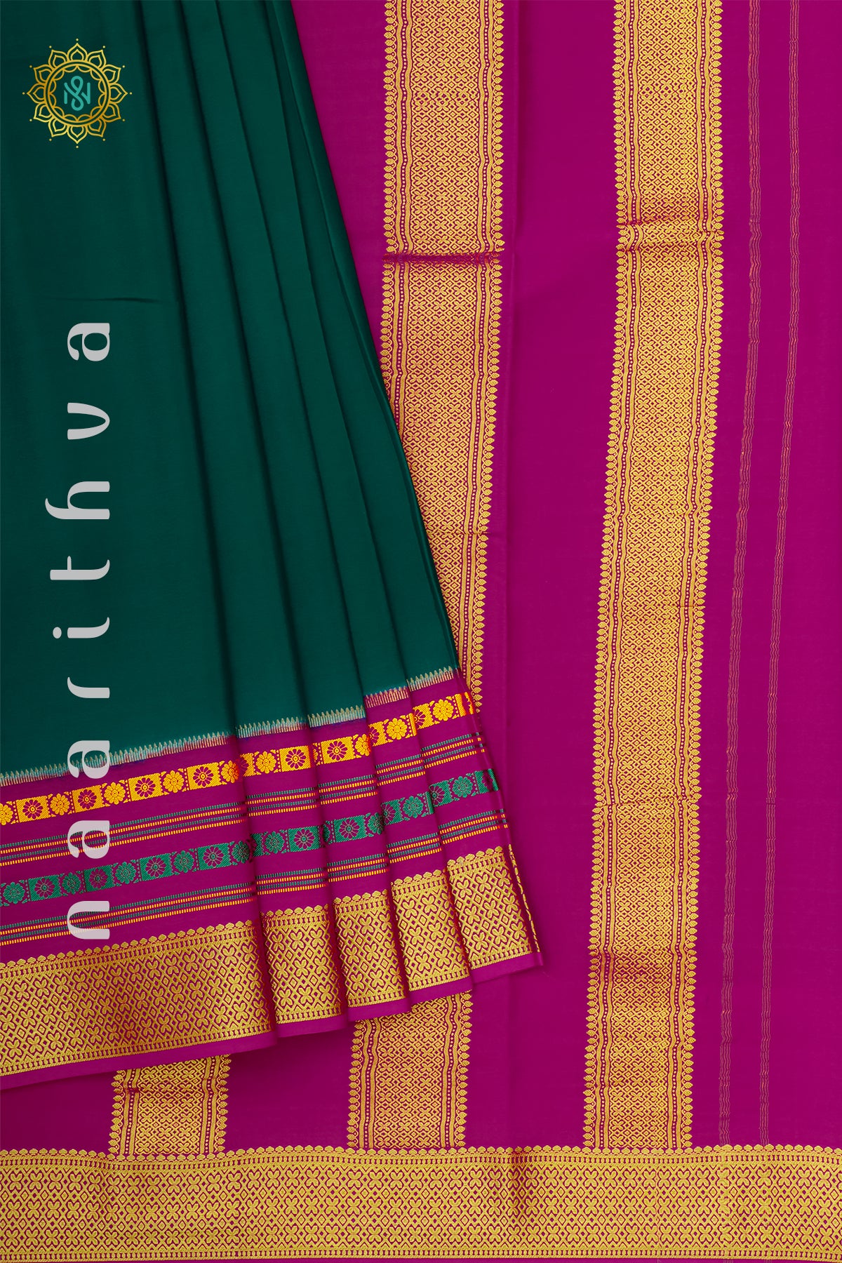 PEACOCK GREEN WITH PINK - PURE MYSORE CREPE SILK