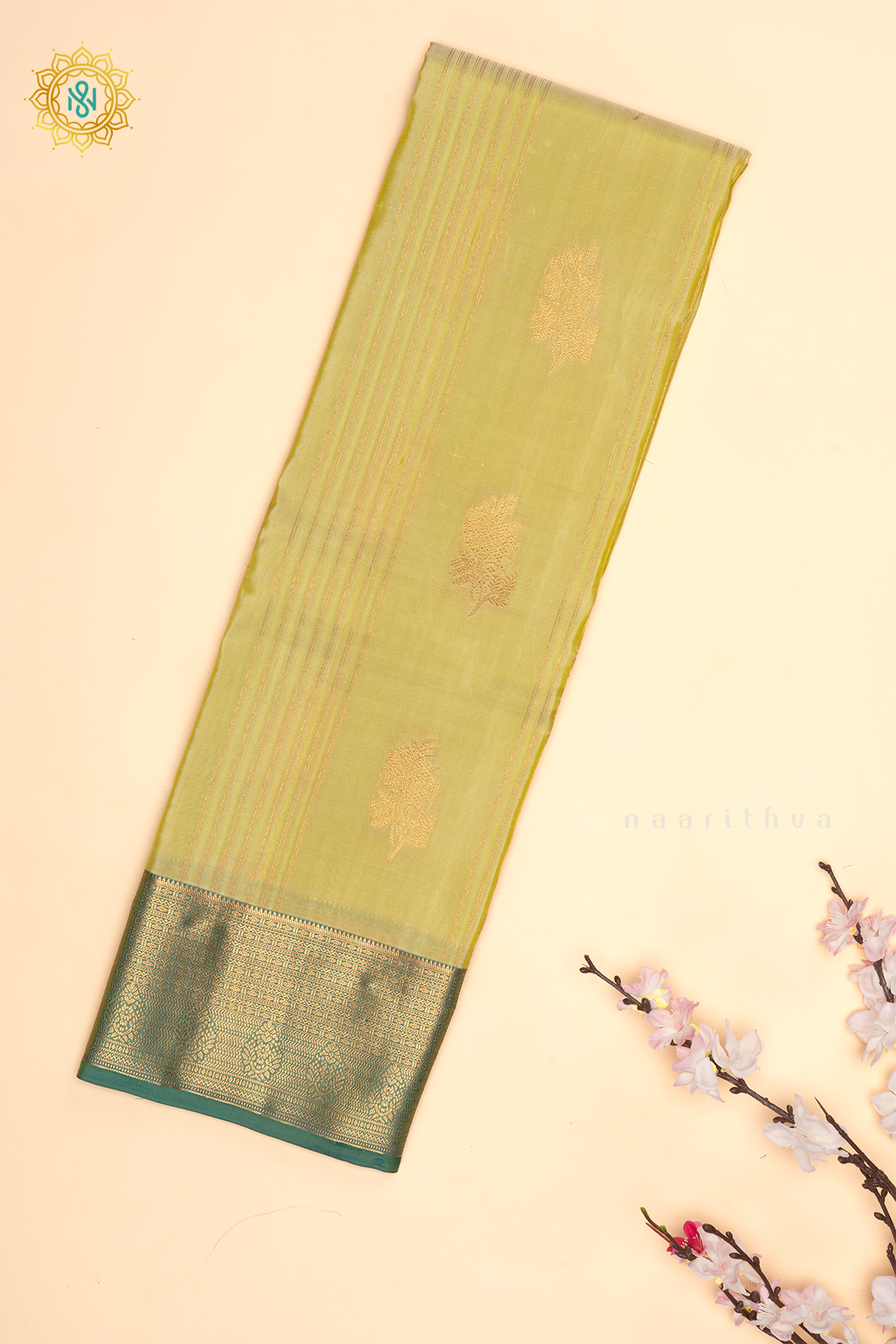 Pista Green with Aqua Green Pure Mix Kanjivaram Silk Saree with Zari Woven Stripes, Buttas and Zari Woven Contrast Border
