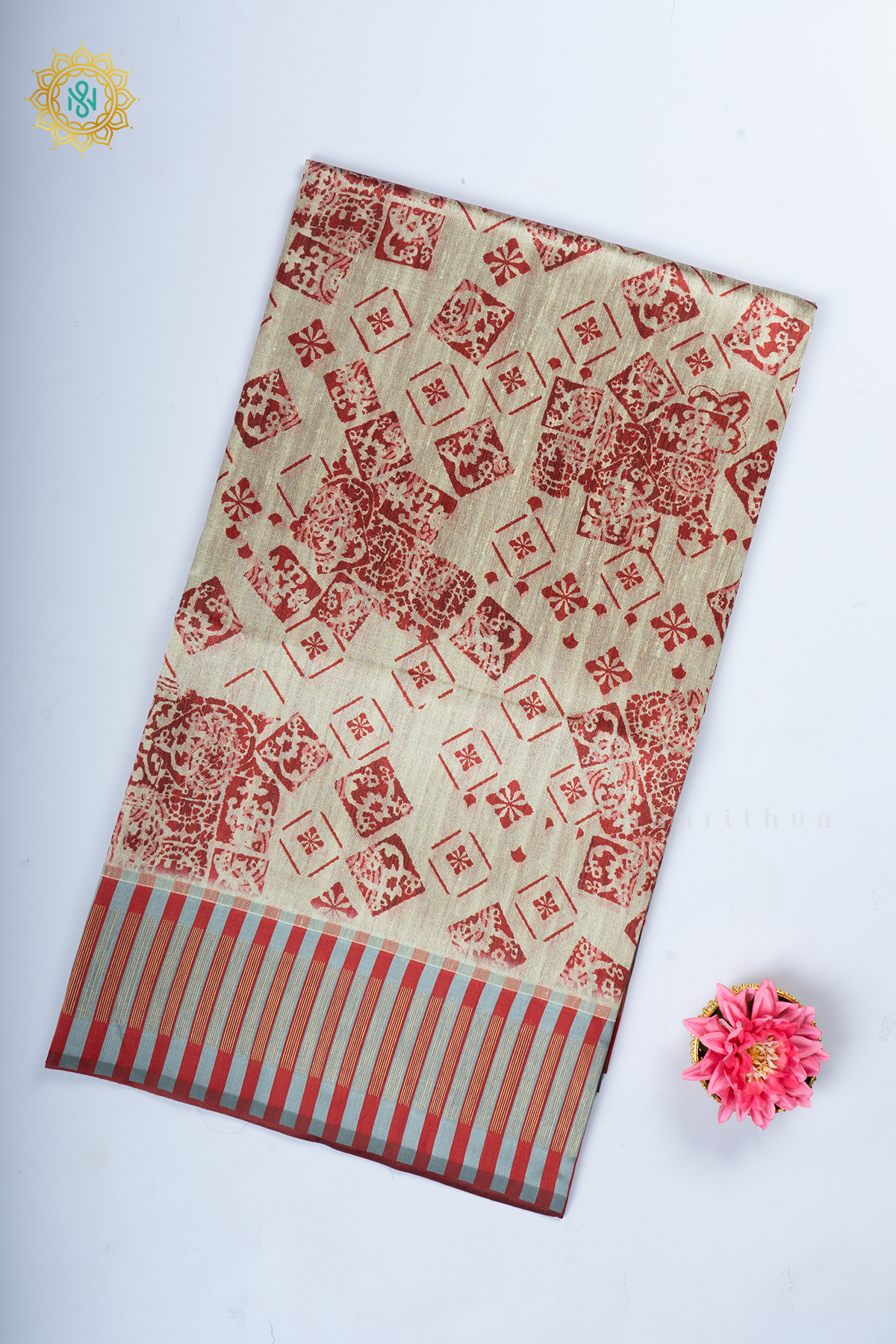 Beige With Red Semi Tussar Silk With Printed Body With Zari Border & Pallu