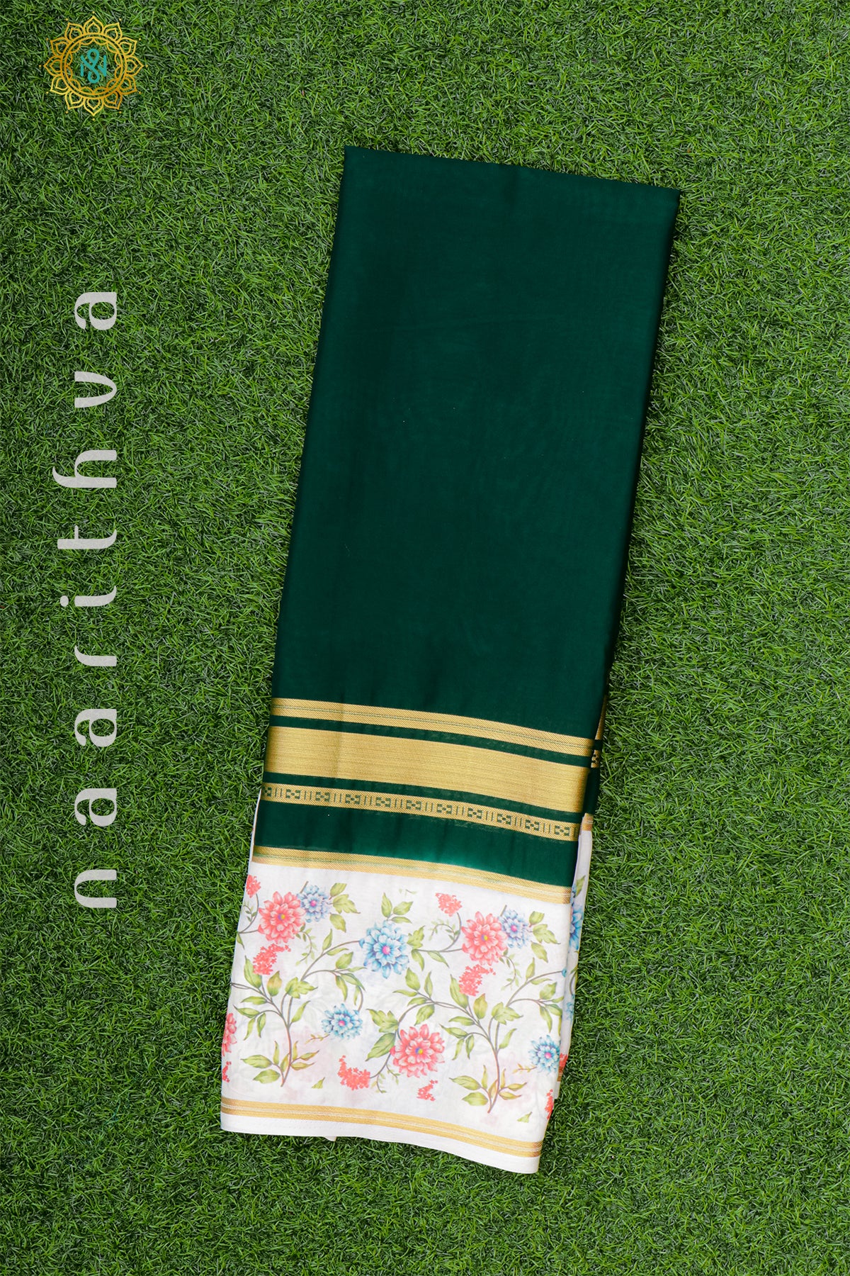 BOTTLE GREEN WITH WHITE - SEMI MYSORE SILK