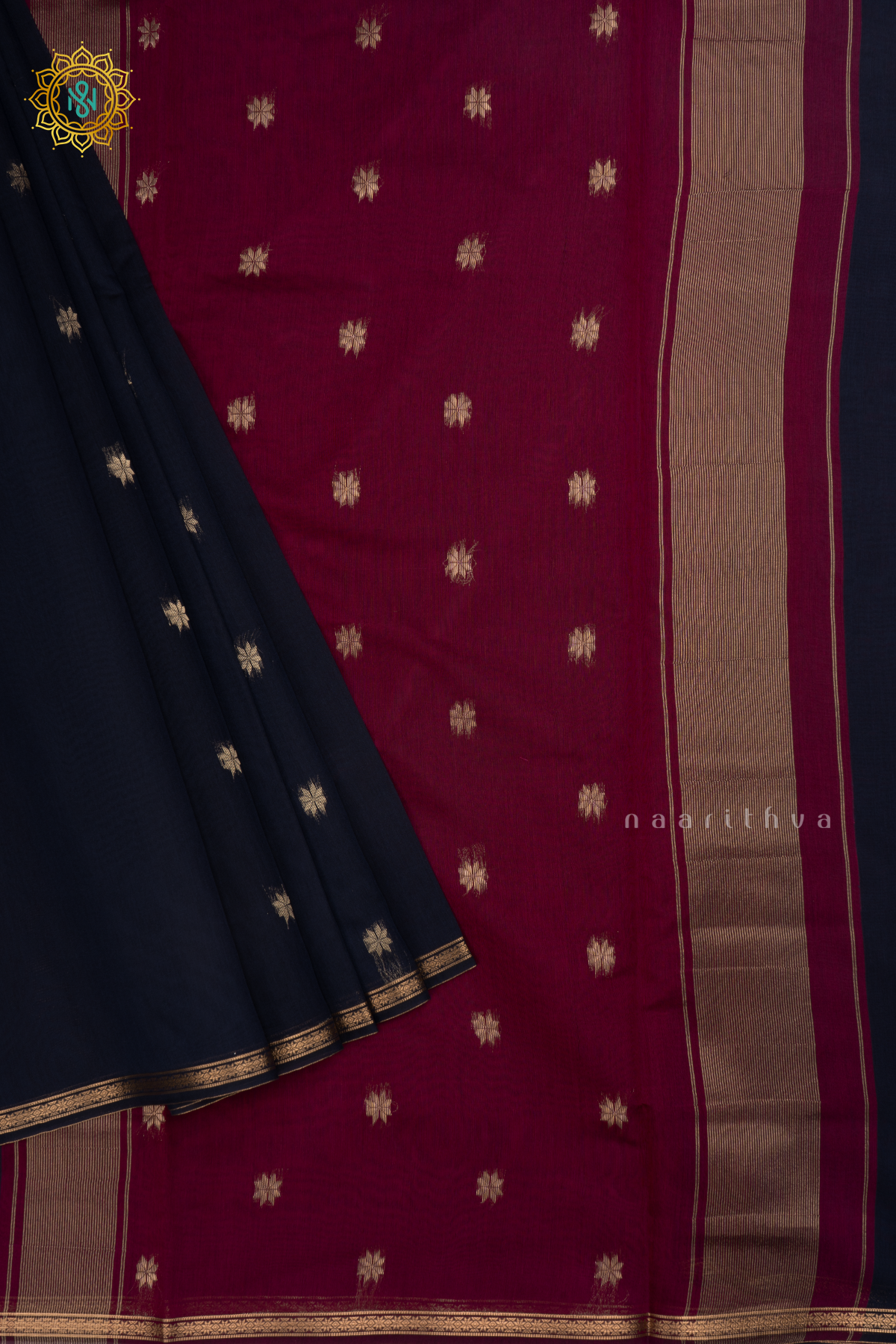 Navy Blue With Wine Silk Cotton Saree With Zari Woven Buttas And Contrast Zari Border