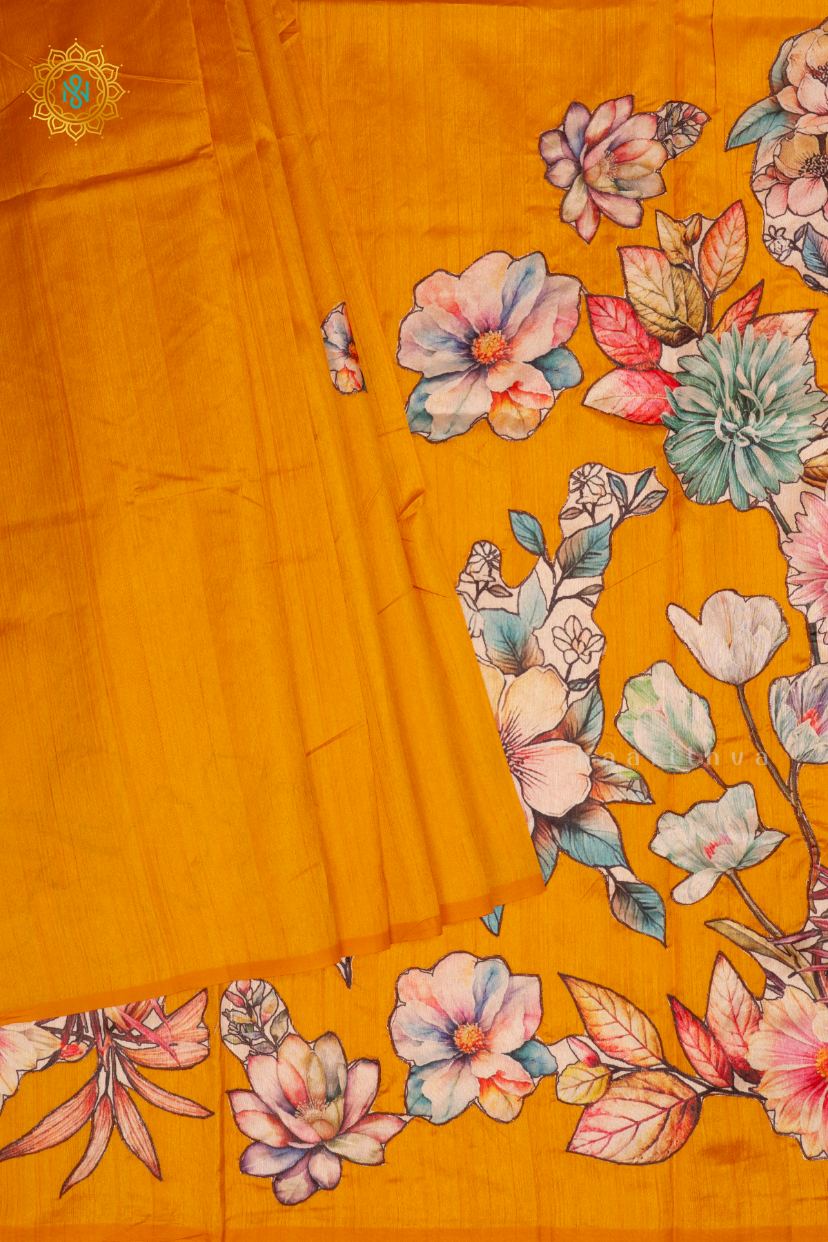YELLOW -SEMI TUSSAR SILK WITH APPLIQUE WORK