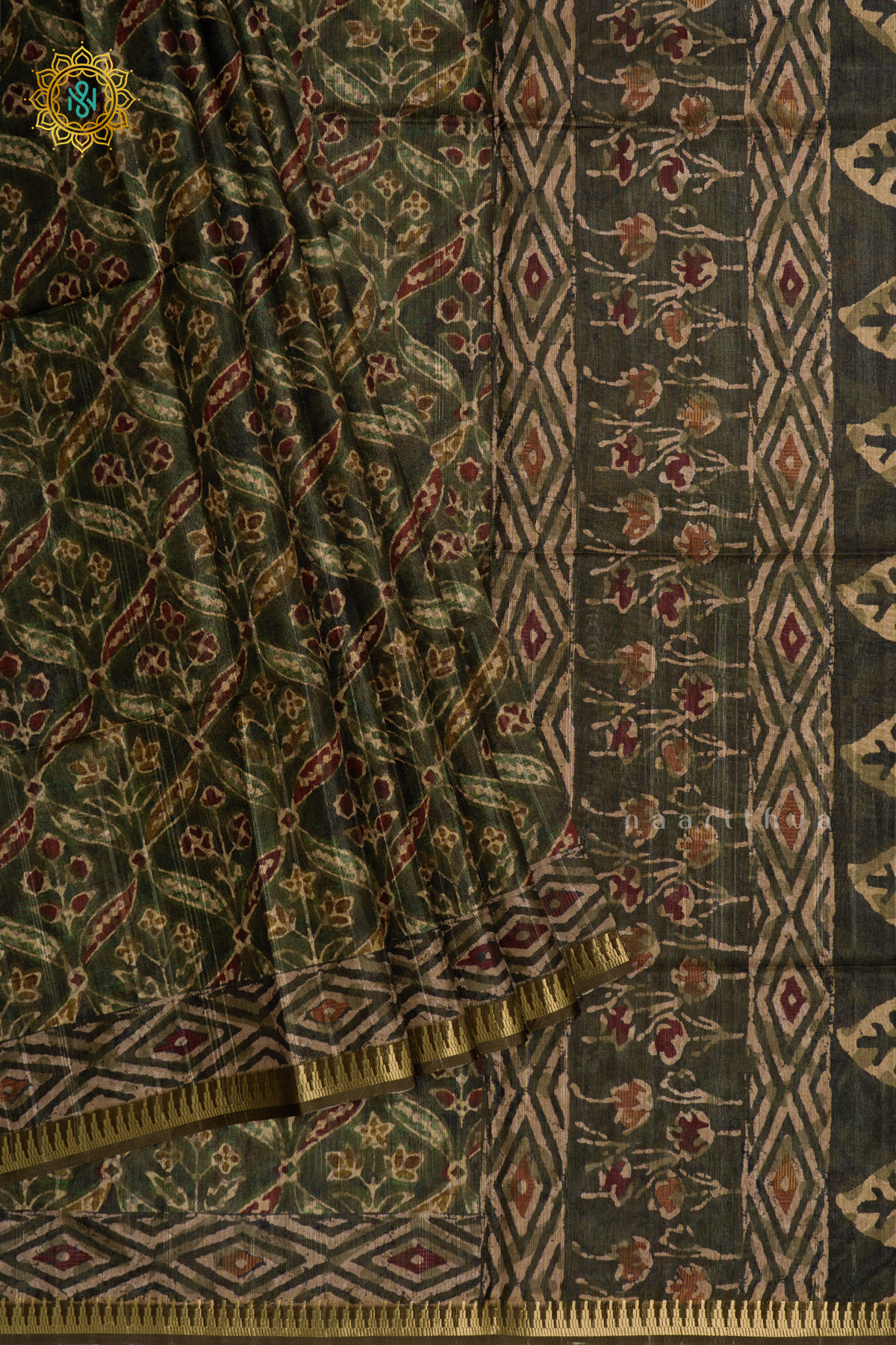 LIGHT  GREEN - SEMI TUSSAR SILK SAREE WITH ALLOVER PRINTED BODY WITH TEMPLE RISING BORDER
