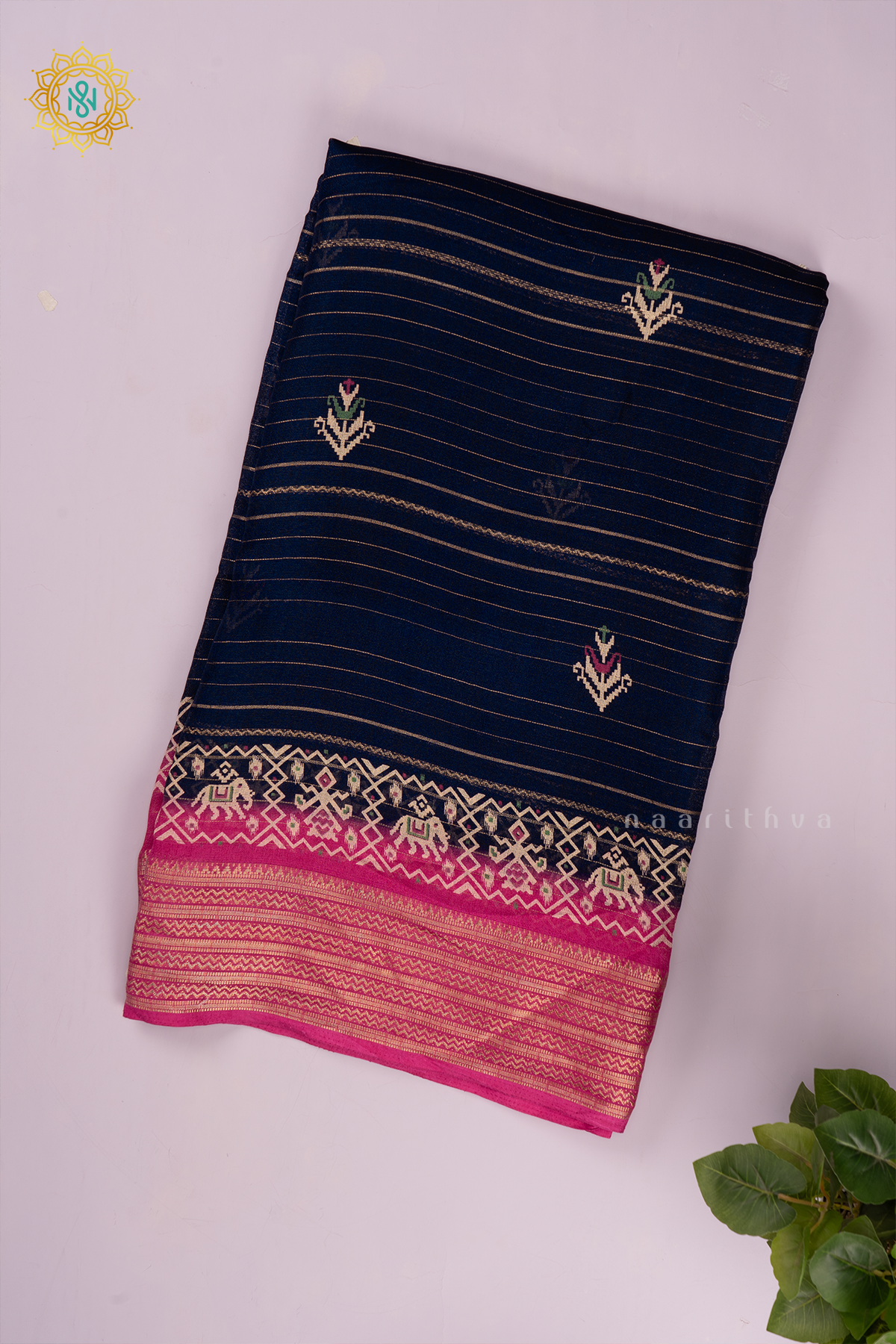 NAVY BLUE WITH PINK - SEMI GEORGETTE