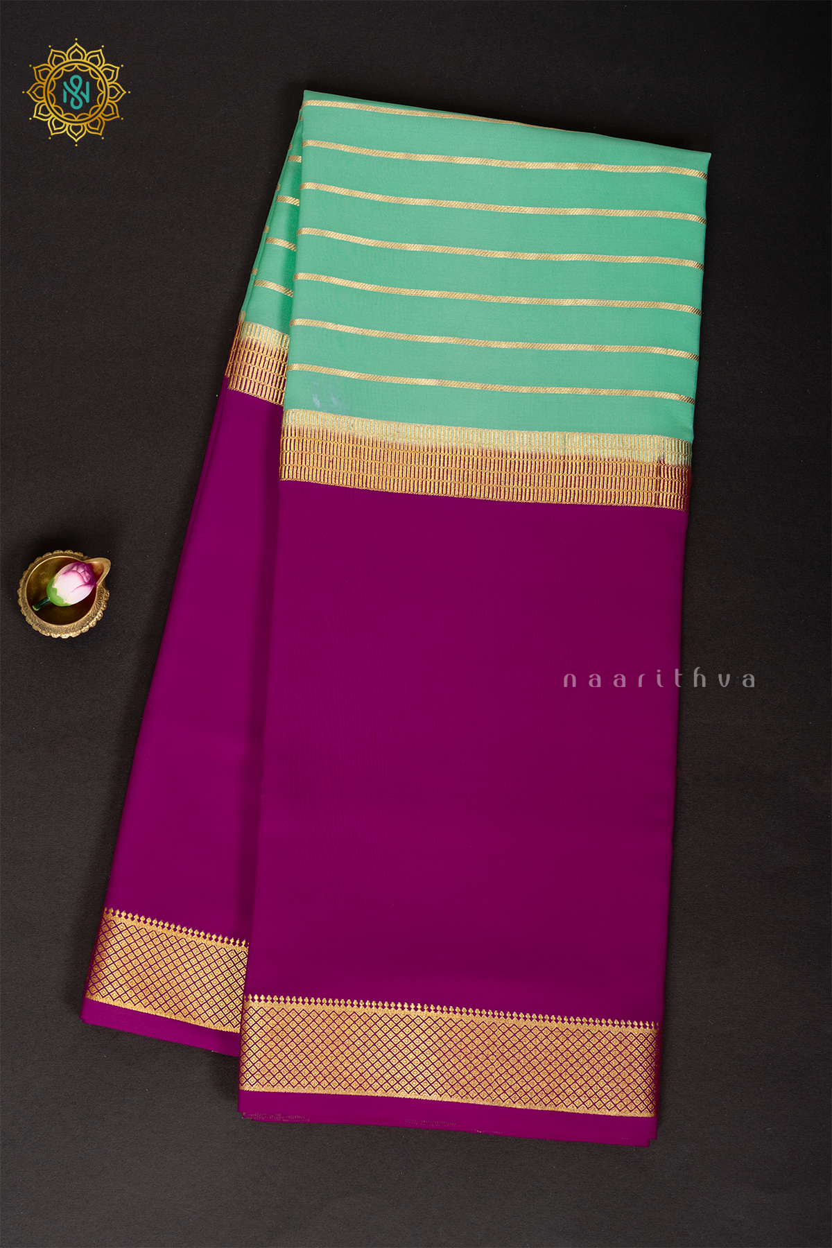 AQUA GREEN WITH PINK - PURE MYSORE CREPE SILK