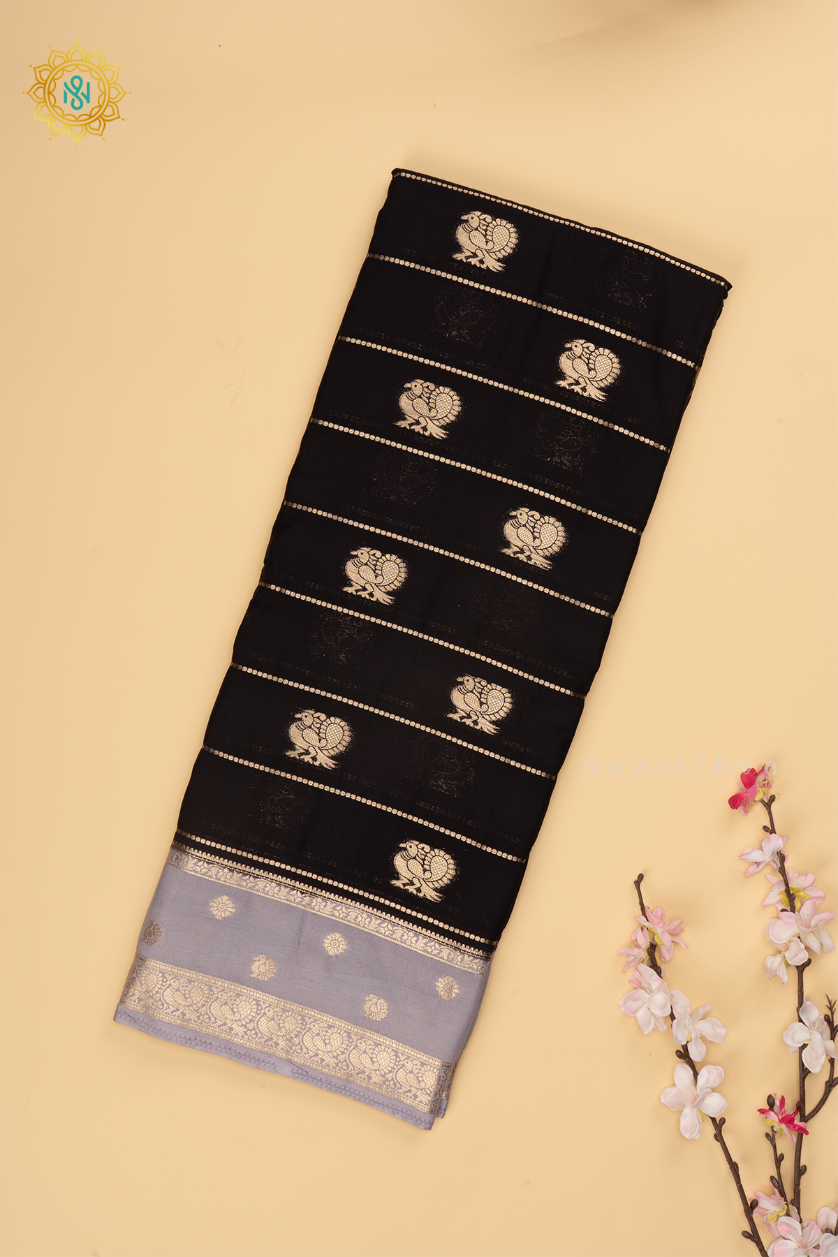 Black with Grey Semi Mysore Crepe Silk Saree with All-Over Zari Stripes and Zari Buttas on the Body and a Contrast Zari Border