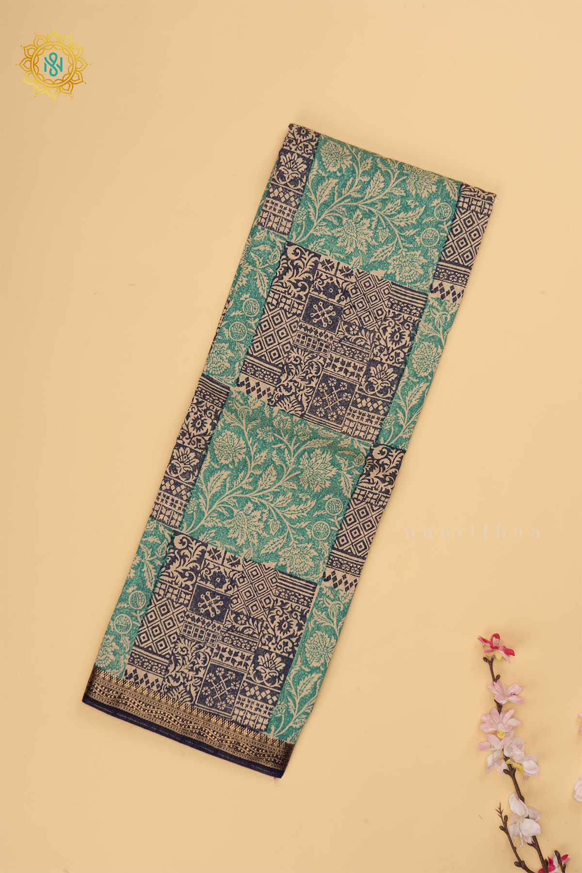 Navy Blue with Aqua Blue Butter Crepe Saree with All-Over Printed Body and Zari Border