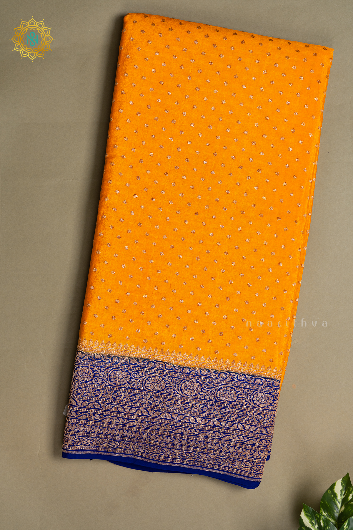 YELLOW WITH ROYAL BLUE - PURE BANARASI CREPE
