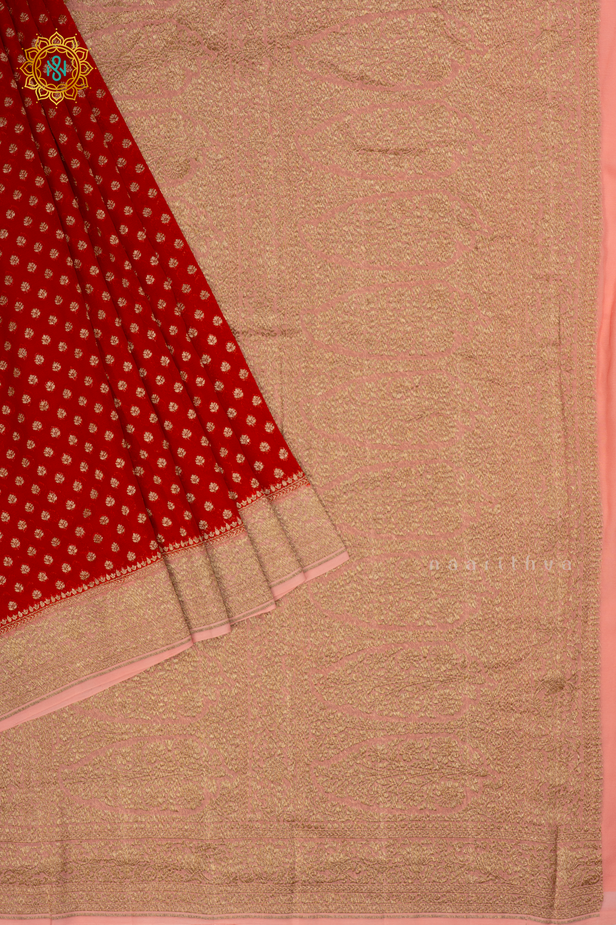 Red with Light Pink - Pure Banarasi Georgette Saree Allover Zari Buttas with Contrast Zari border