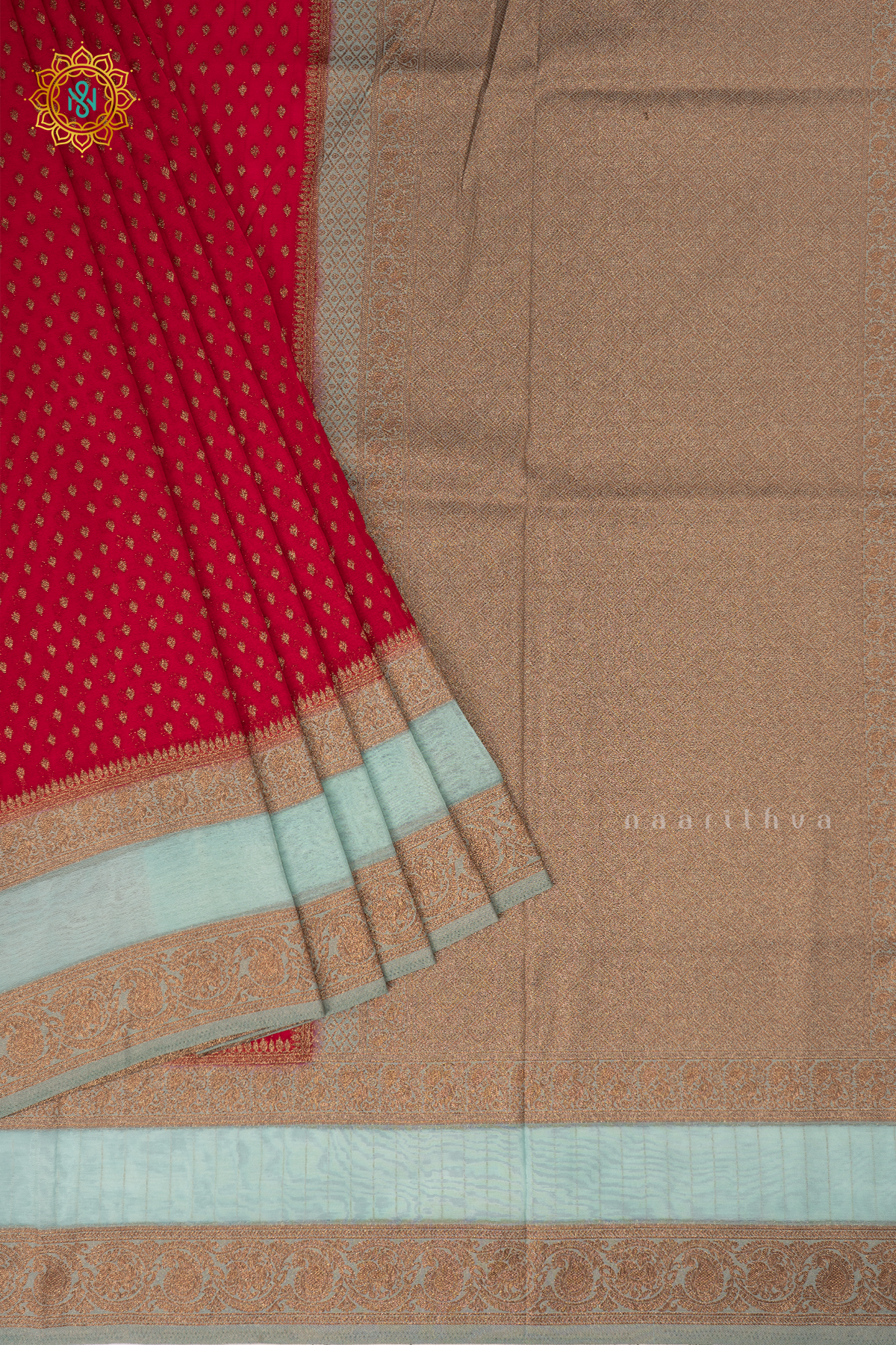 Red With Sky Blue Semi Georgette Saree With Zari Buttas All Over  And Contrast Zari Gap Border